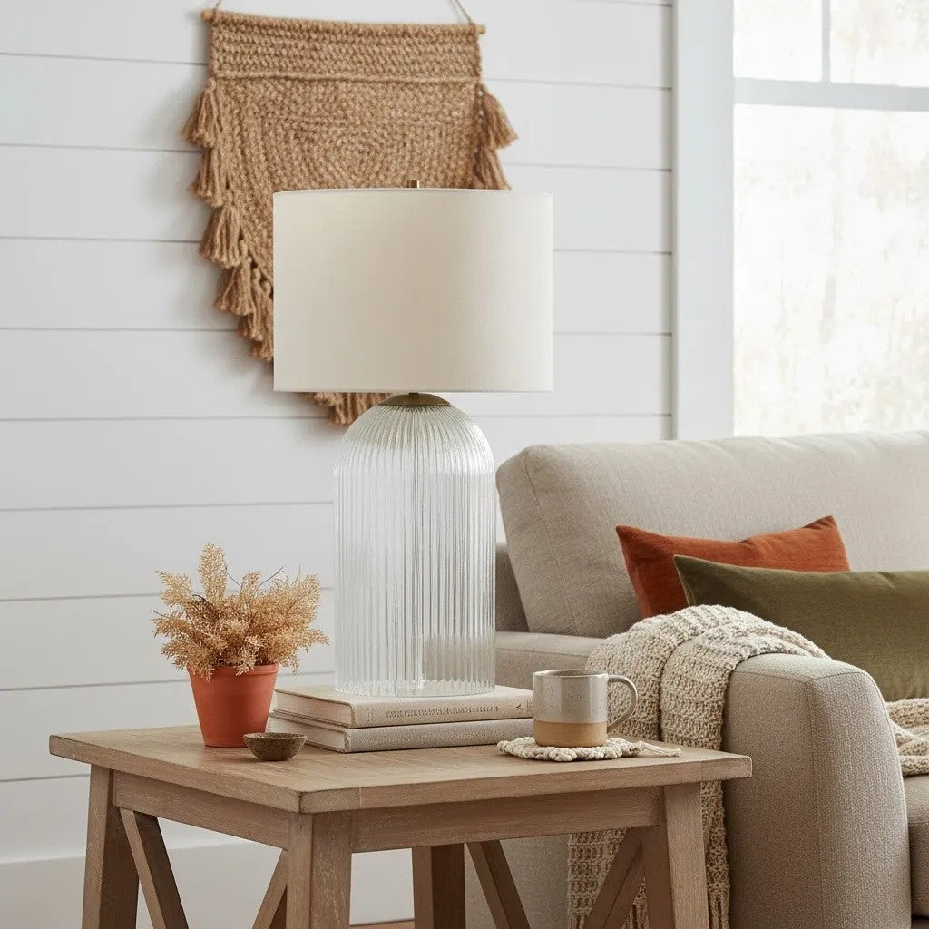 Haze  Glass Table Lamp with Linen   for  Living Rooms