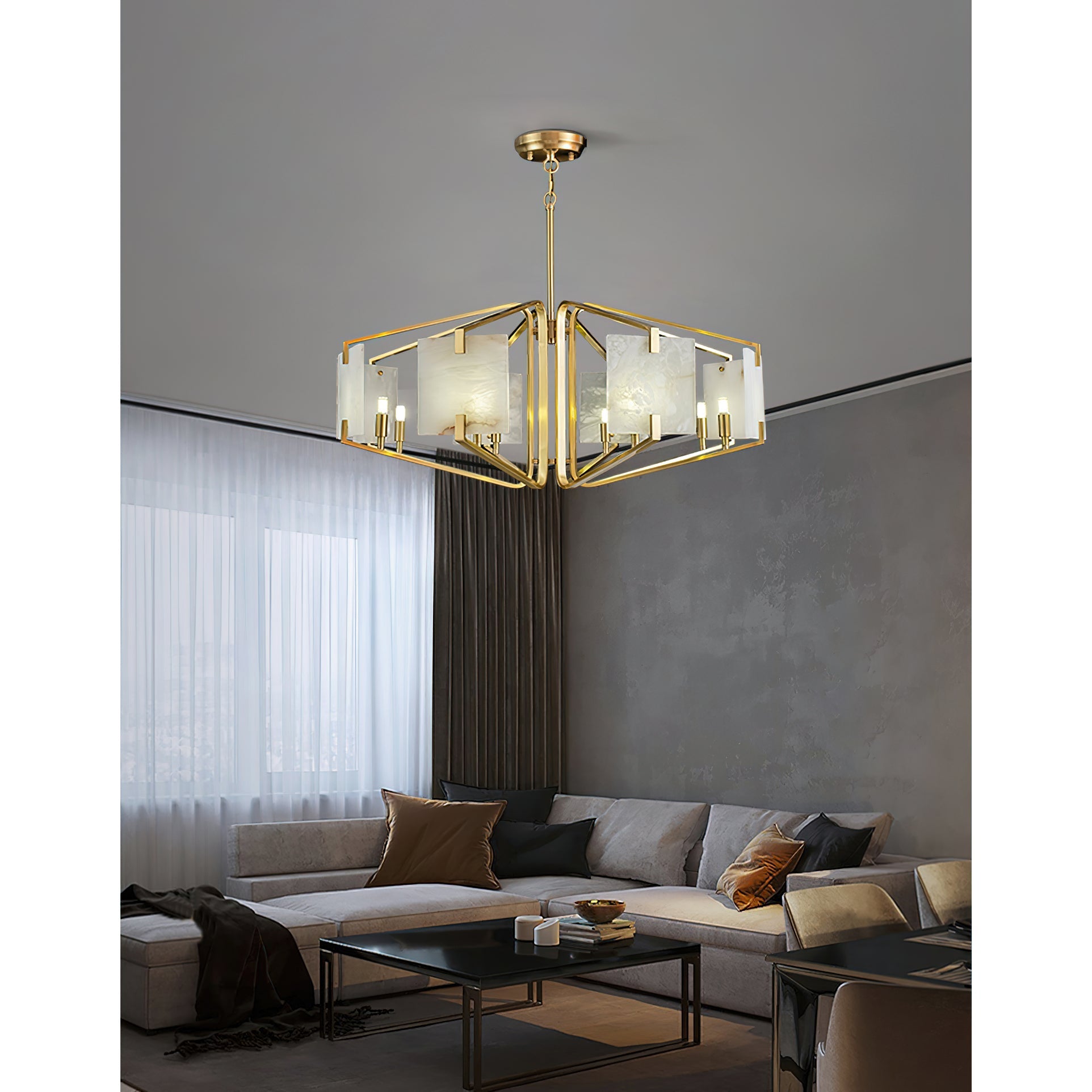Plotuvys Postmodern Luxury Brass Alabaster Chandelier