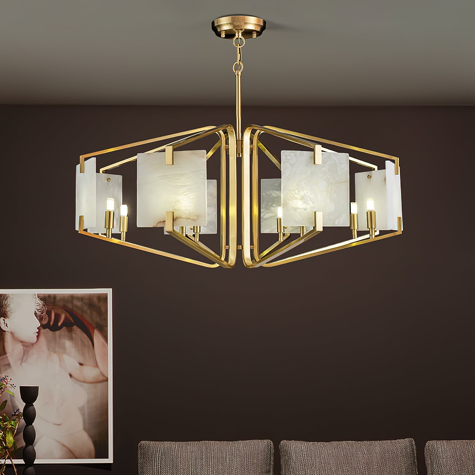 Plotuvys Postmodern Luxury Brass Alabaster Chandelier
