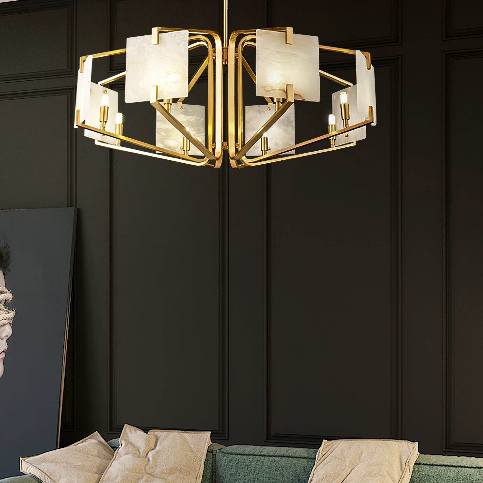 Plotuvys Postmodern Luxury Brass Alabaster Chandelier