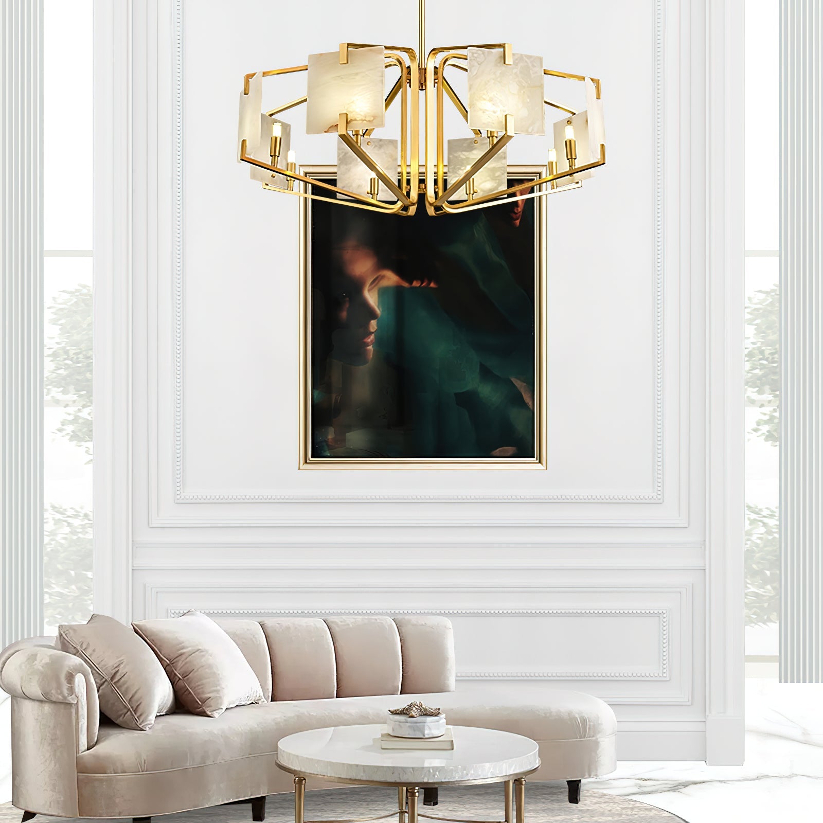 Plotuvys Postmodern Luxury Brass Alabaster Chandelier