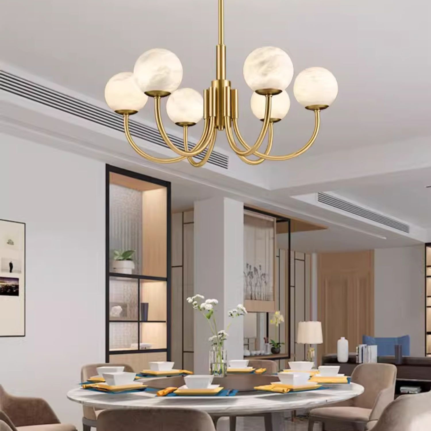 Mjolkuvys Modern Minimalist Globe Brass Alabaster Chandelier