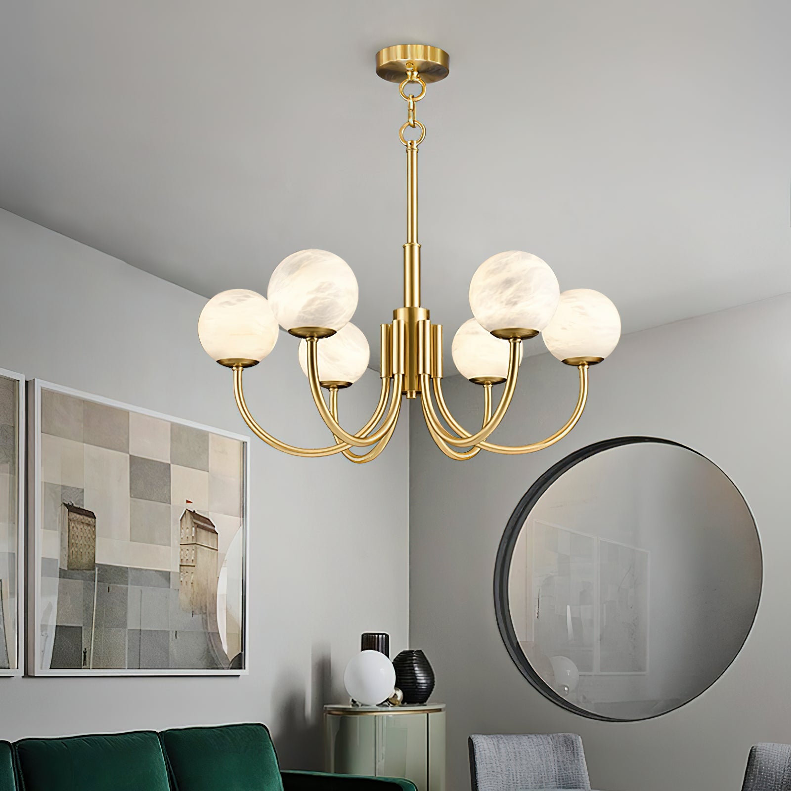 Mjolkuvys Modern Minimalist Globe Brass Alabaster Chandelier