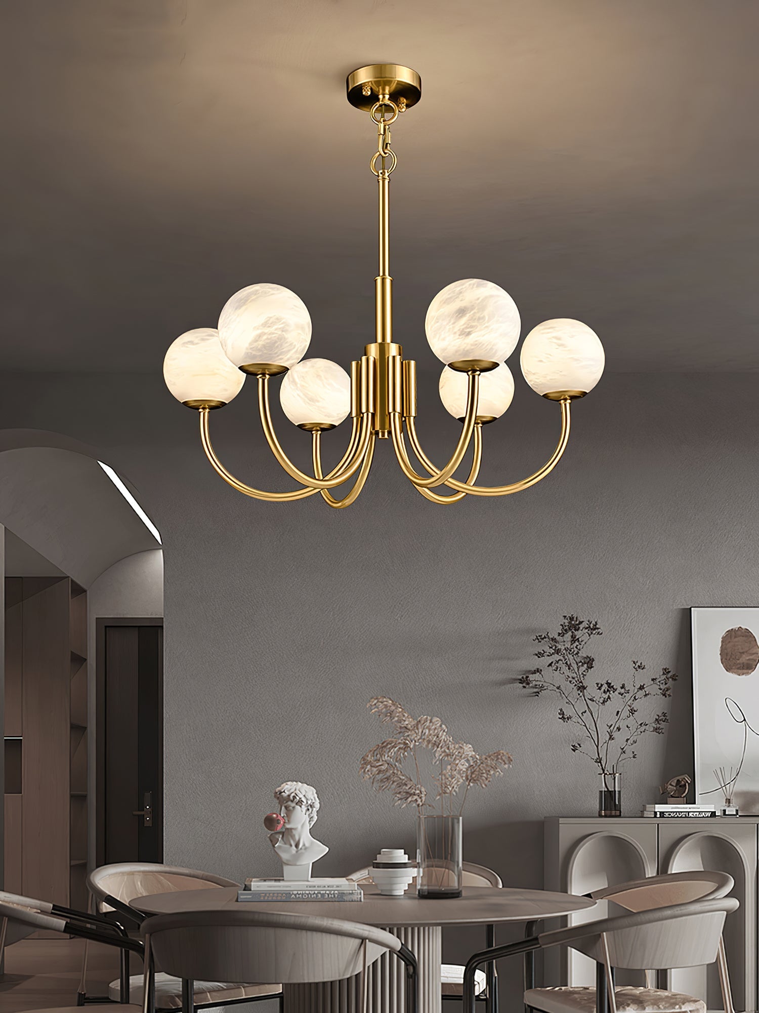 Mjolkuvys Modern Minimalist Globe Brass Alabaster Chandelier