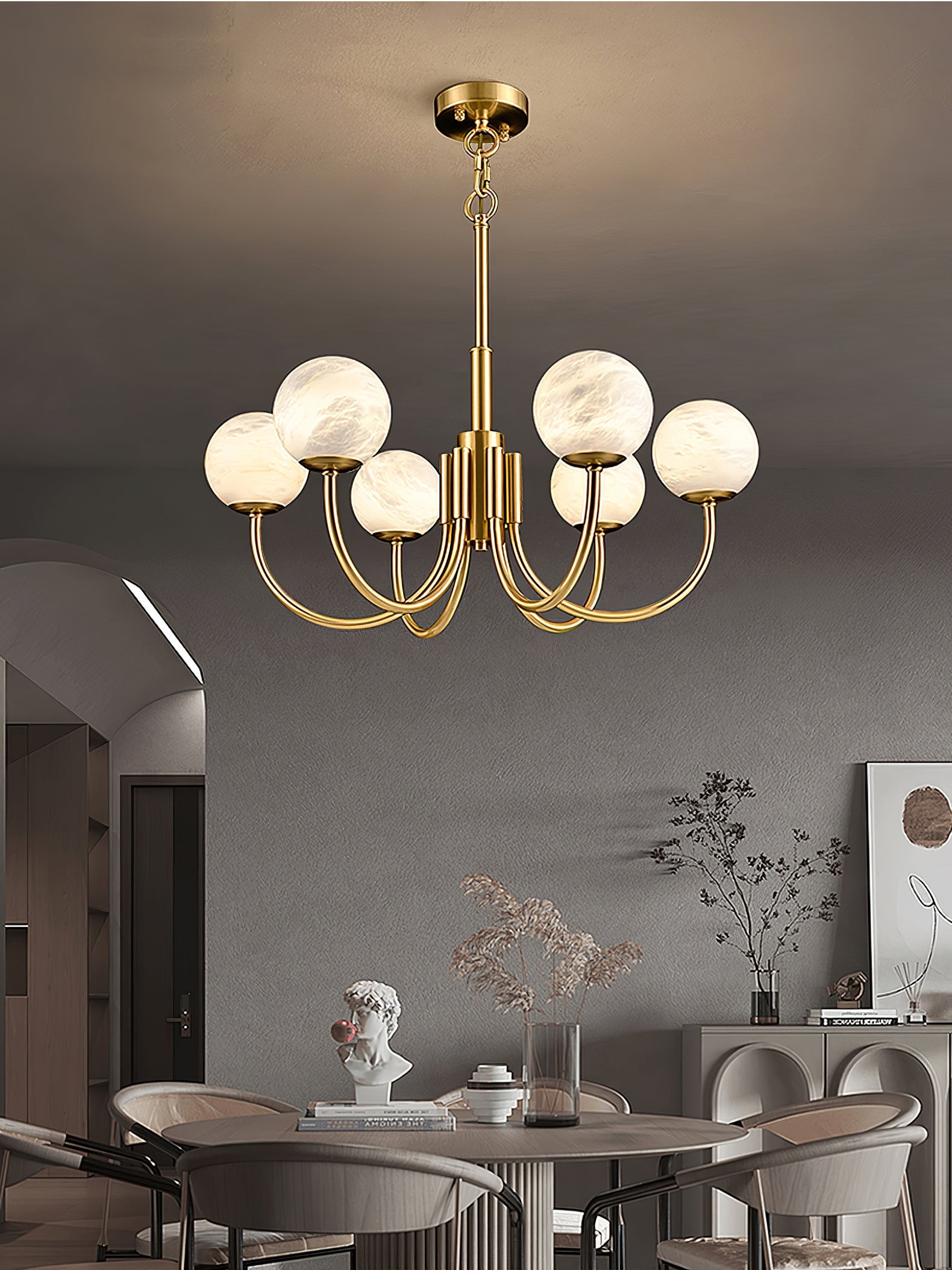 Mjolkuvys Modern Minimalist Globe Brass Alabaster Chandelier