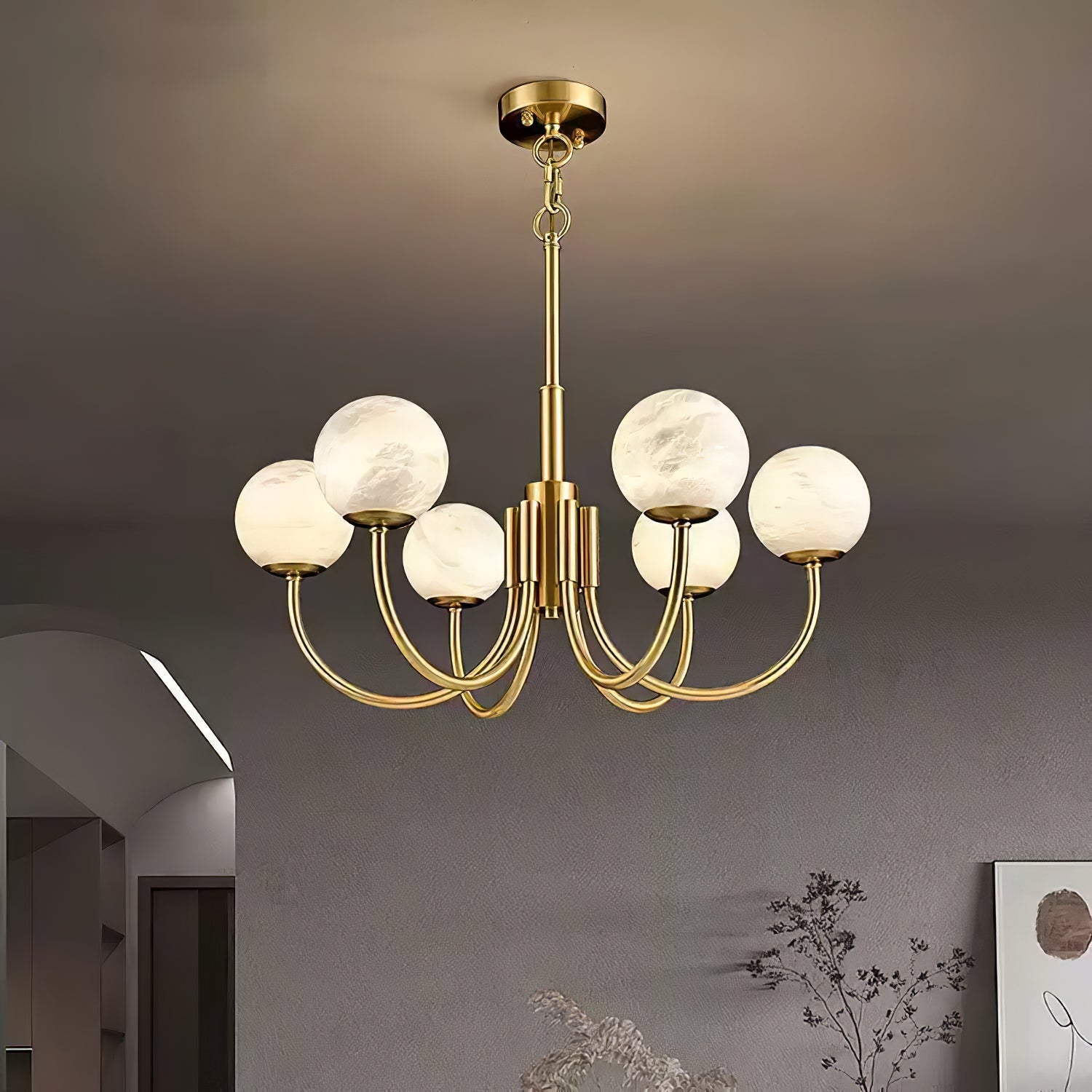 Mjolkuvys Modern Minimalist Globe Brass Alabaster Chandelier