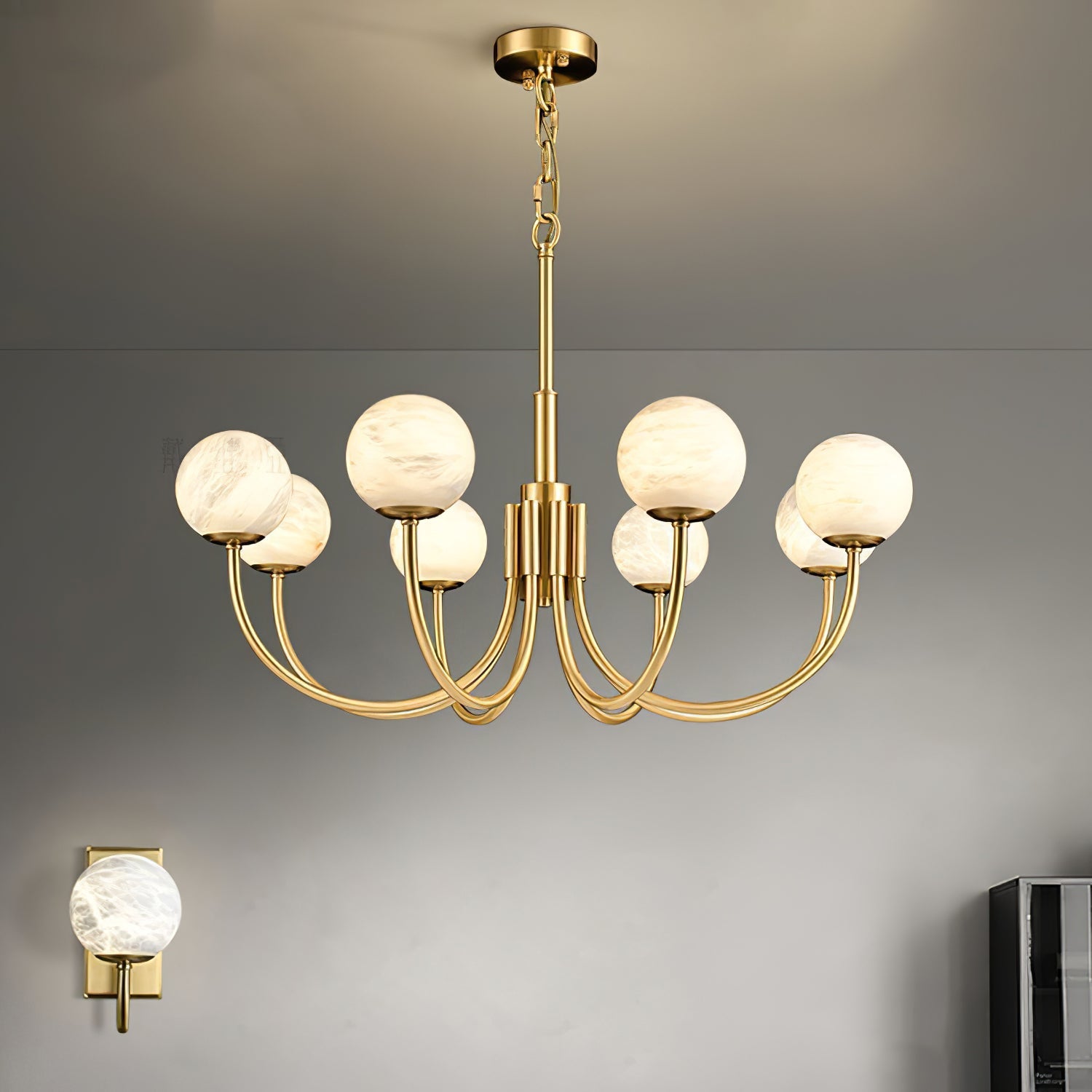 Mjolkuvys Modern Minimalist Globe Brass Alabaster Chandelier