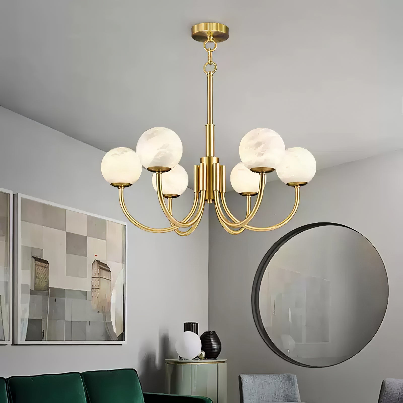 Mjolkuvys Modern Minimalist Globe Brass Alabaster Chandelier