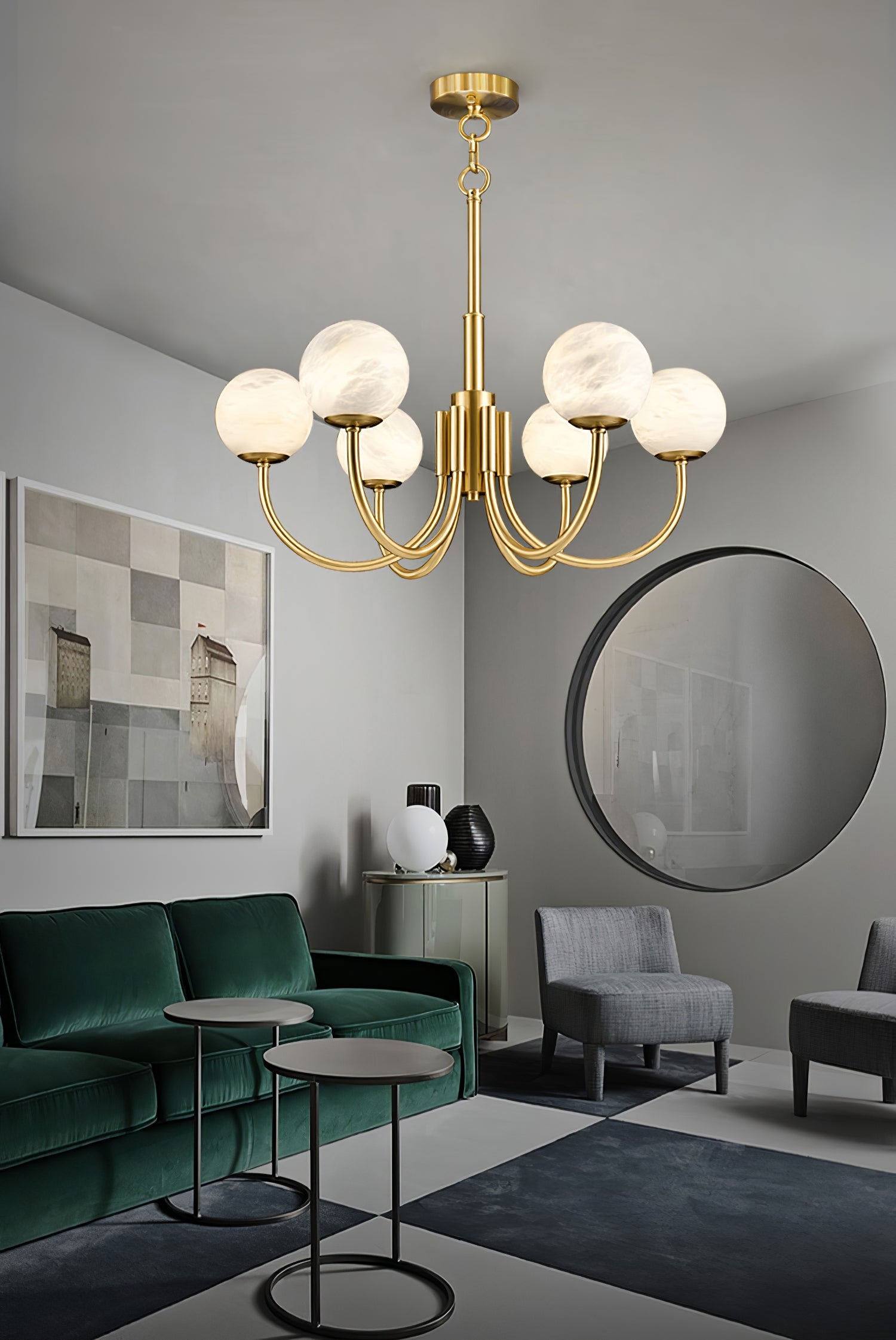 Mjolkuvys Modern Minimalist Globe Brass Alabaster Chandelier