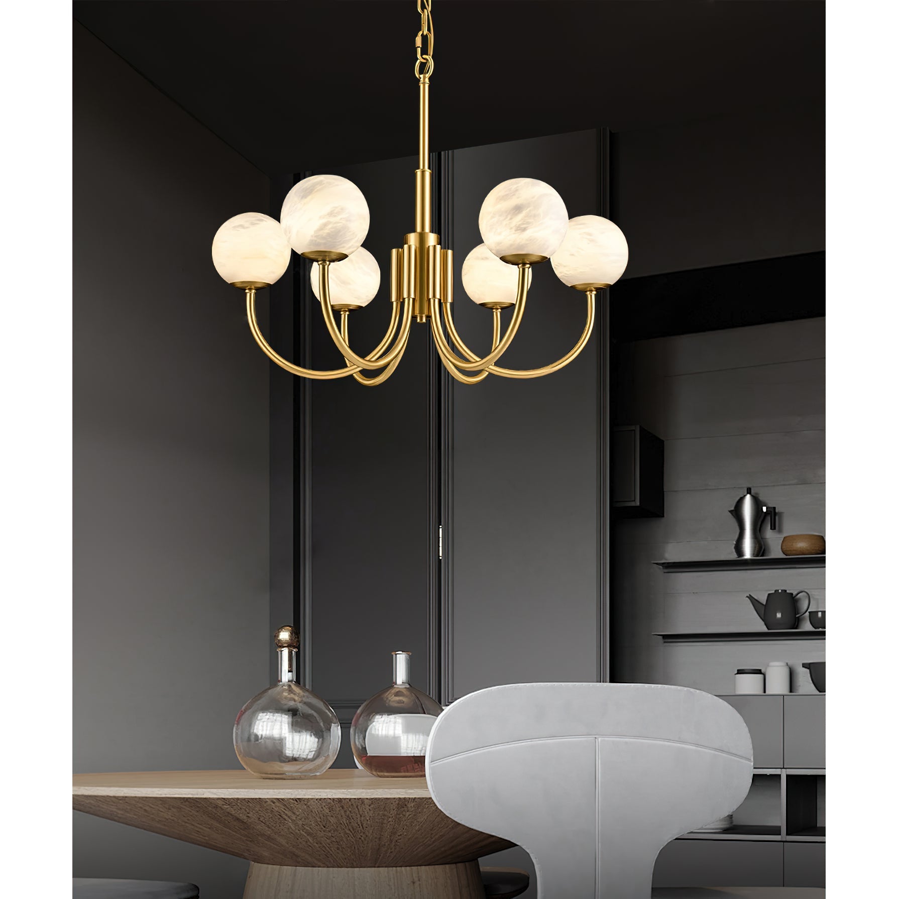 Mjolkuvys Modern Minimalist Globe Brass Alabaster Chandelier