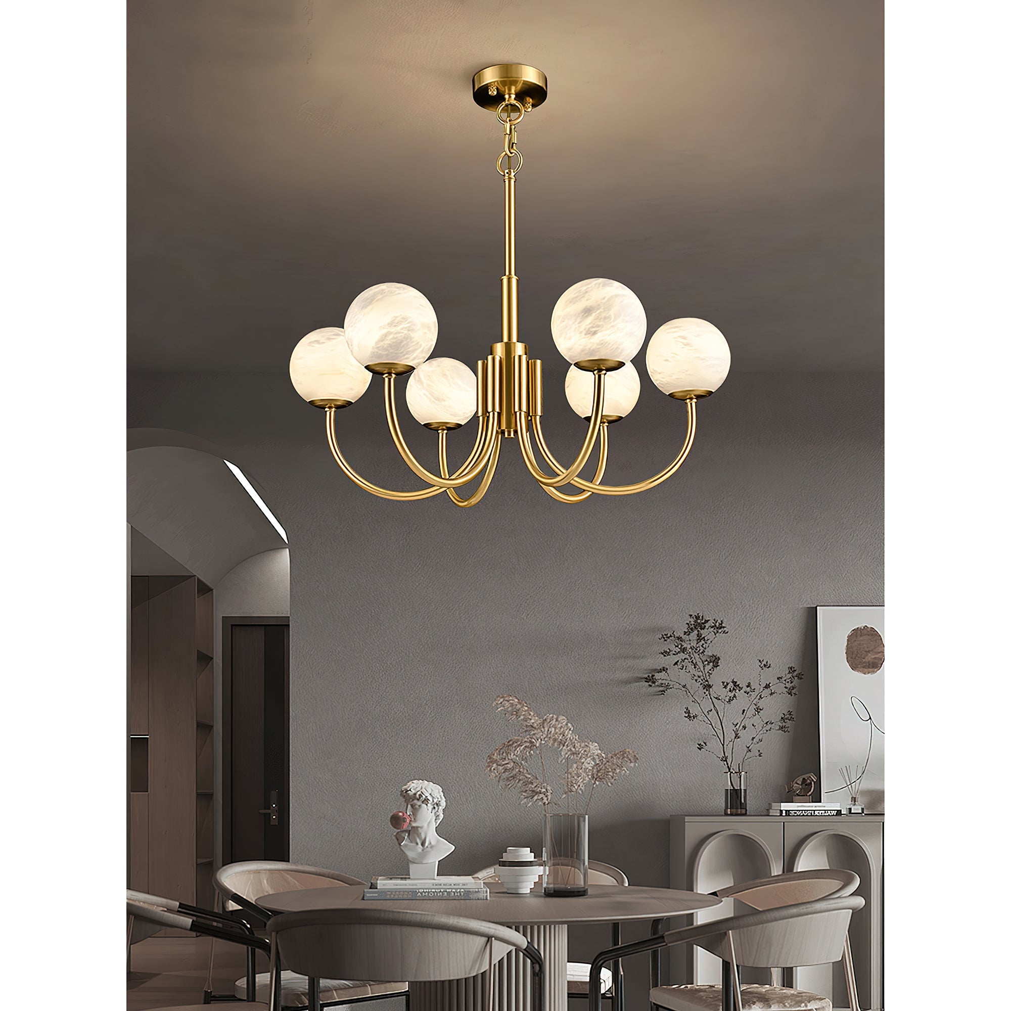 Mjolkuvys Modern Minimalist Globe Brass Alabaster Chandelier