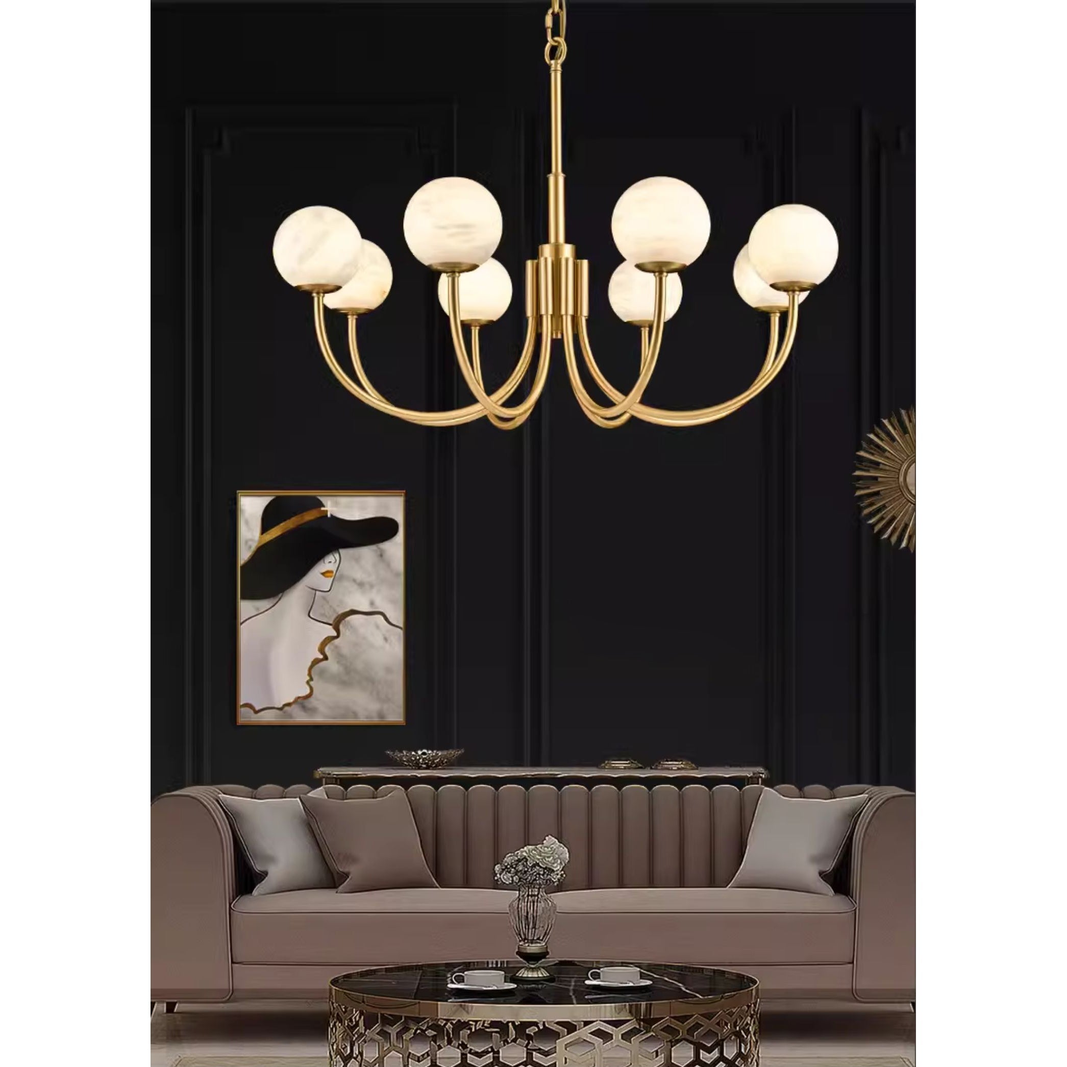 Mjolkuvys Modern Minimalist Globe Brass Alabaster Chandelier