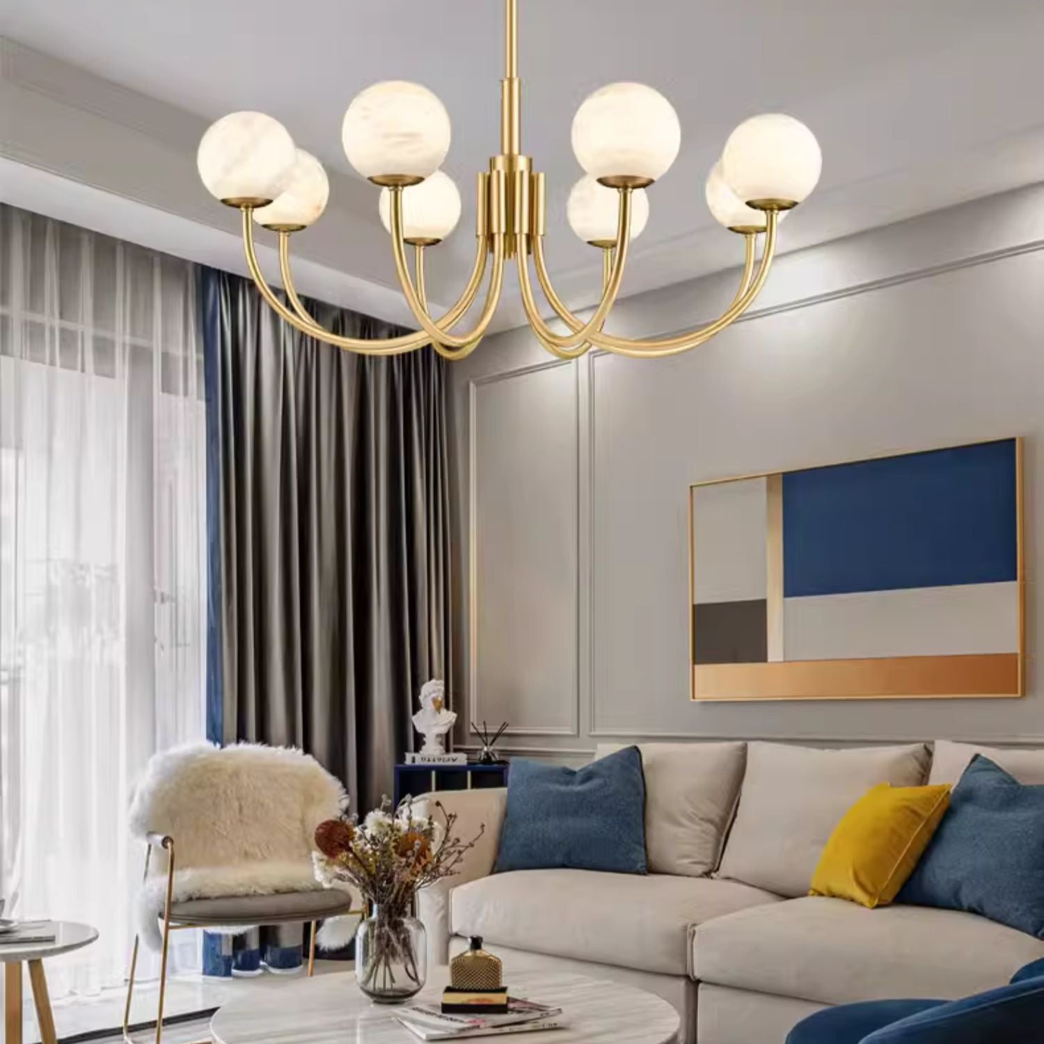 Mjolkuvys Modern Minimalist Globe Brass Alabaster Chandelier