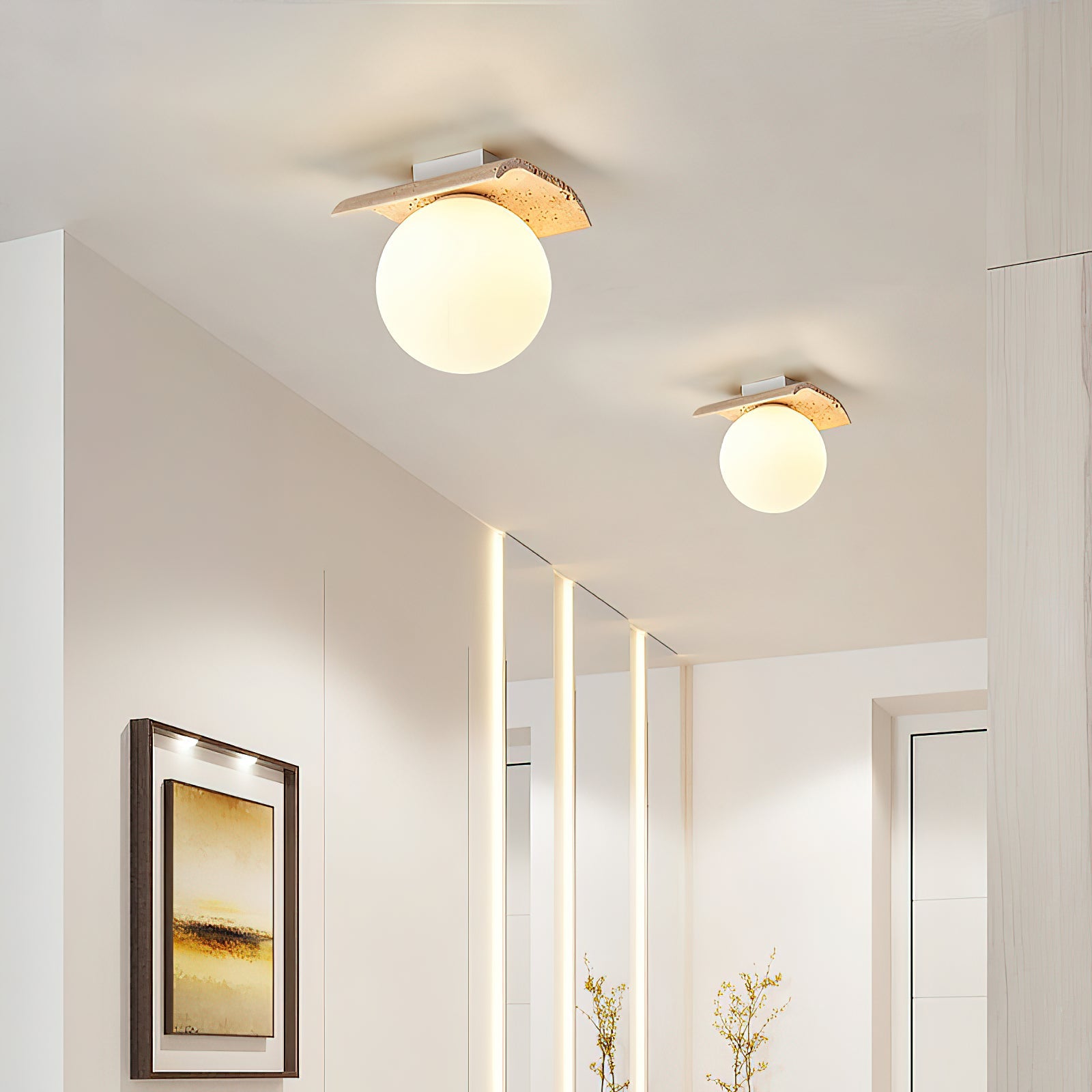 Bianca Globe Modern Minimalist Travertine Glass Ceiling Lamp