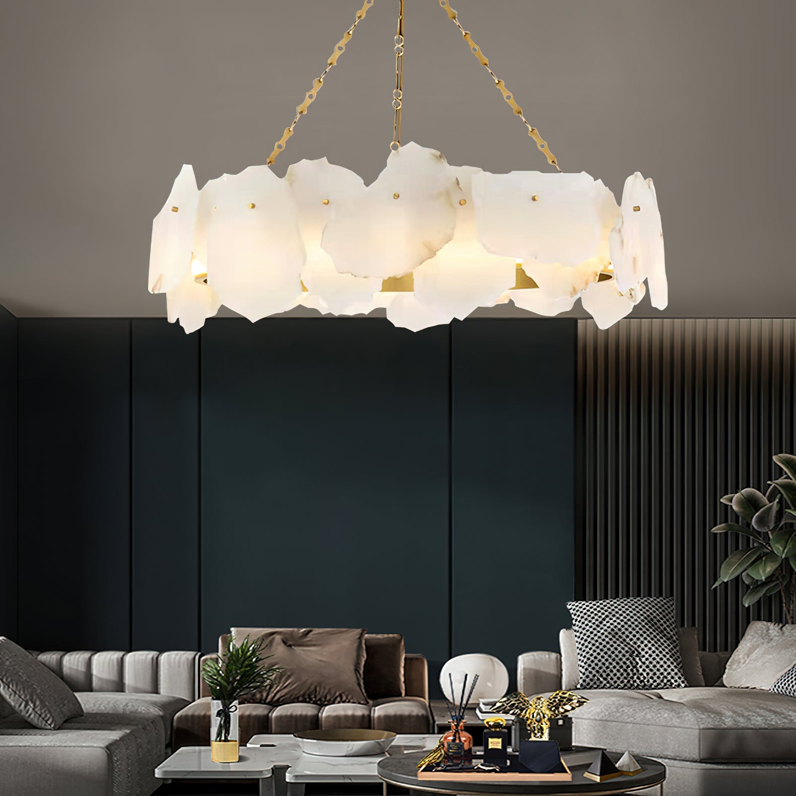 Alora Postmodern Luxury Round Brass Marble Chandelier - Lamp Copper