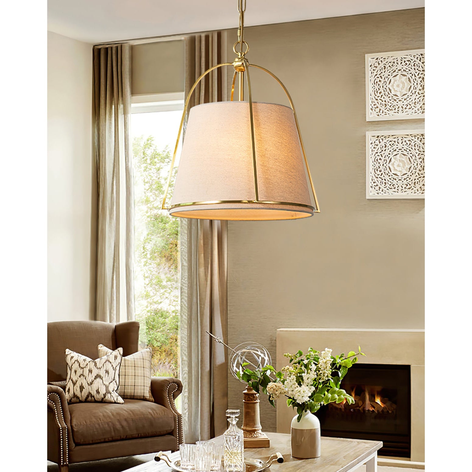 Yonder Traditional Classic Brass Metal Fabric Pendant Lamp - Lamp Copper