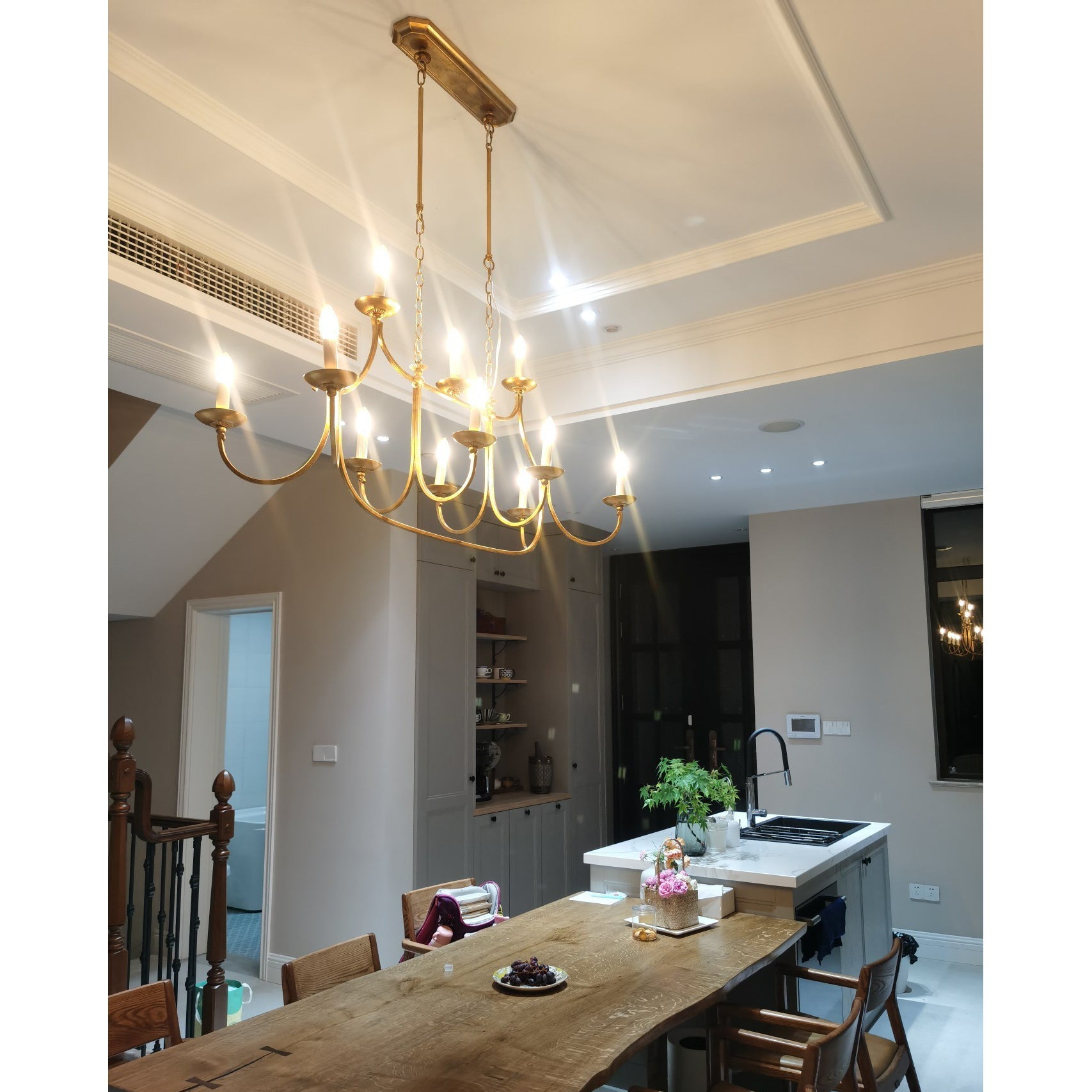 Ercare Vintage Industrial Linear Brass Fabric Chandelier - Lamp Copper