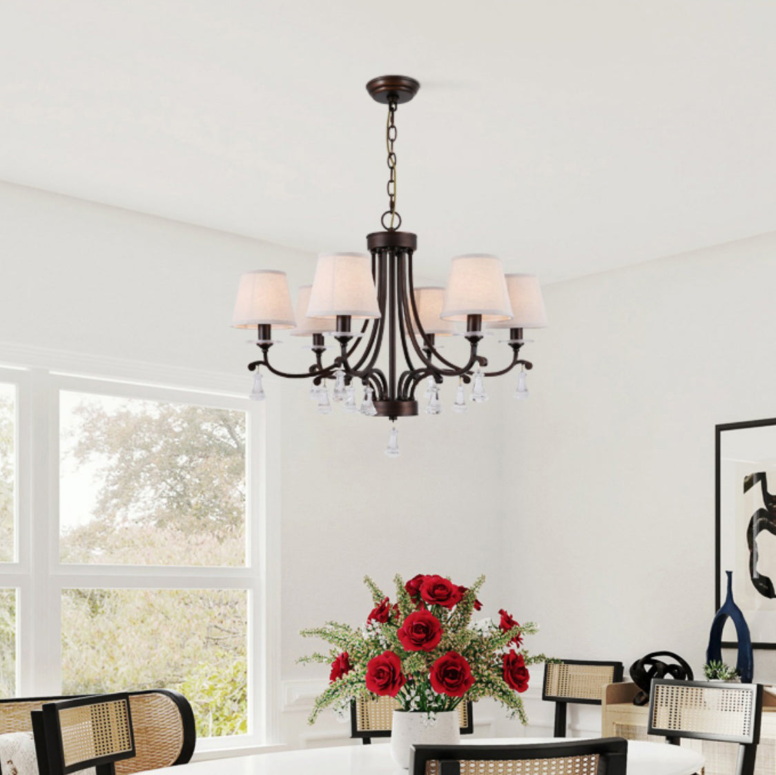 Lyvenisra Vintage Industrial Pointe Brass Fabric Crystal Chandelier - Lamp Copper