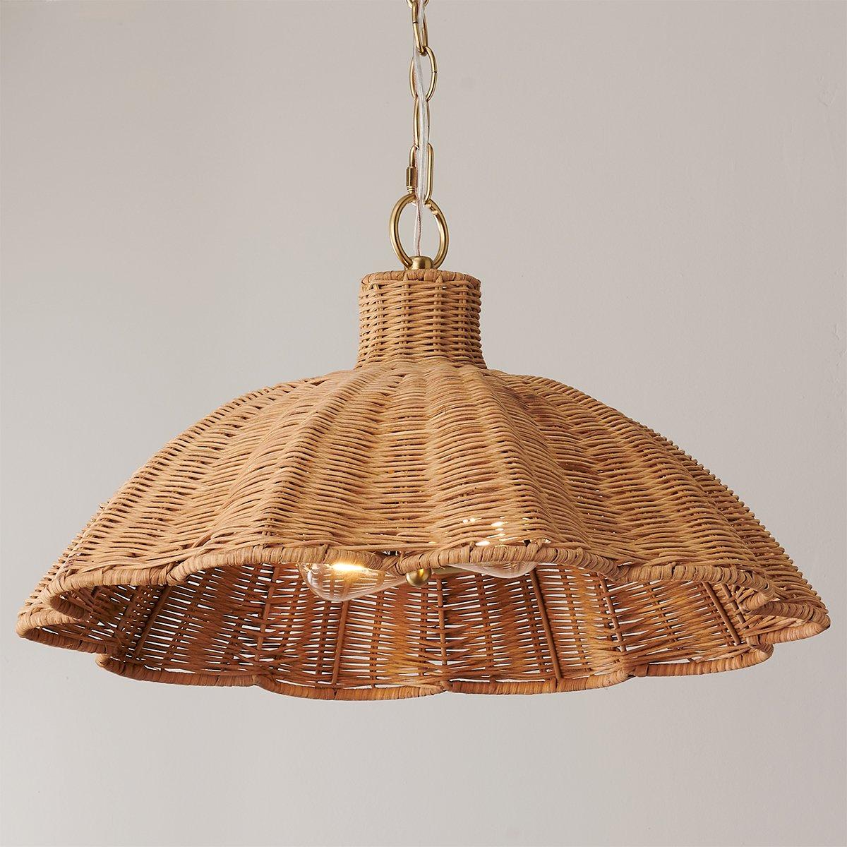 Elm Handwoven Rattan Pendant Light with Aged Brass — Boho Coastal Hanging Lamp