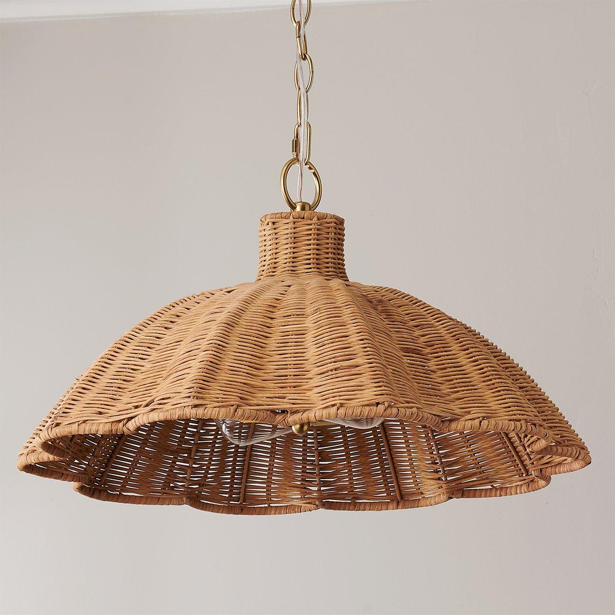 Elm Handwoven Rattan Pendant Light with Aged Brass — Boho Coastal Hanging Lamp