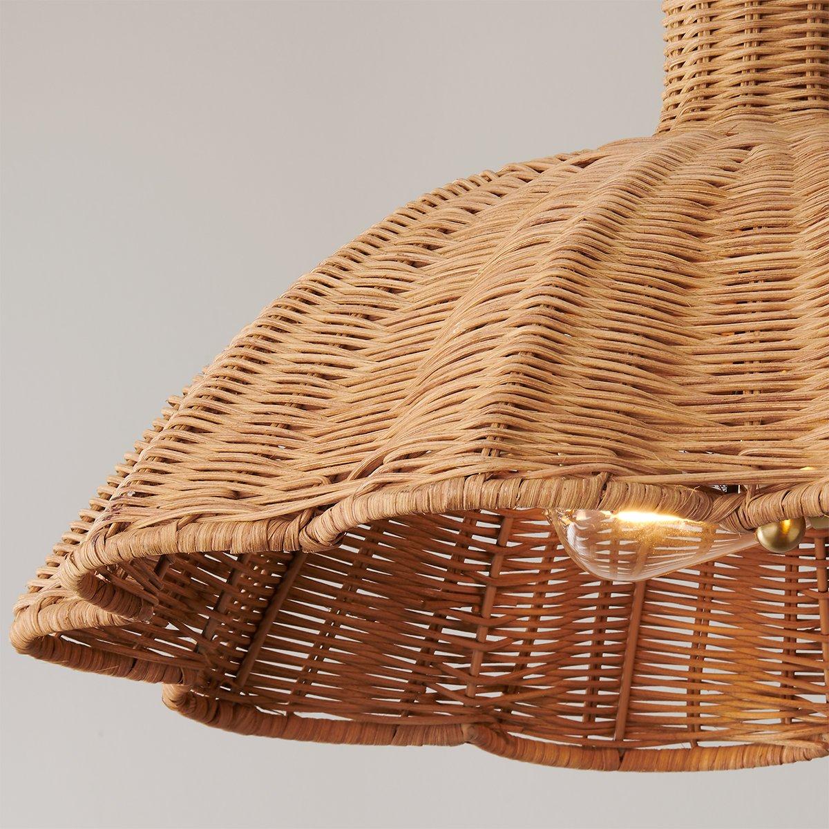 Elm Handwoven Rattan Pendant Light with Aged Brass — Boho Coastal Hanging Lamp