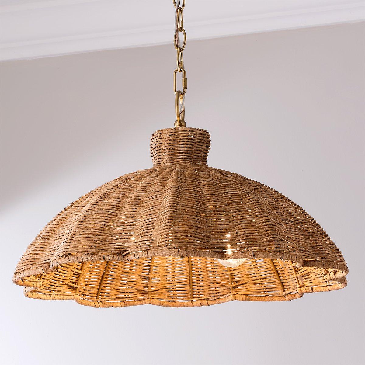 Elm Handwoven Rattan Pendant Light with Aged Brass — Boho Coastal Hanging Lamp