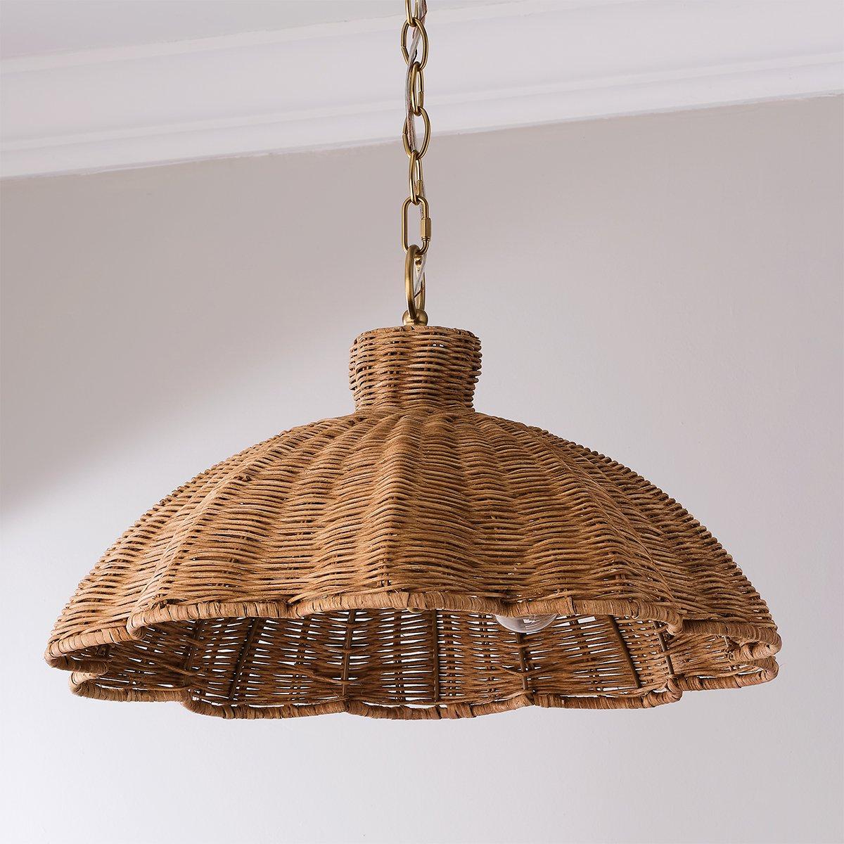 Elm Handwoven Rattan Pendant Light with Aged Brass — Boho Coastal Hanging Lamp
