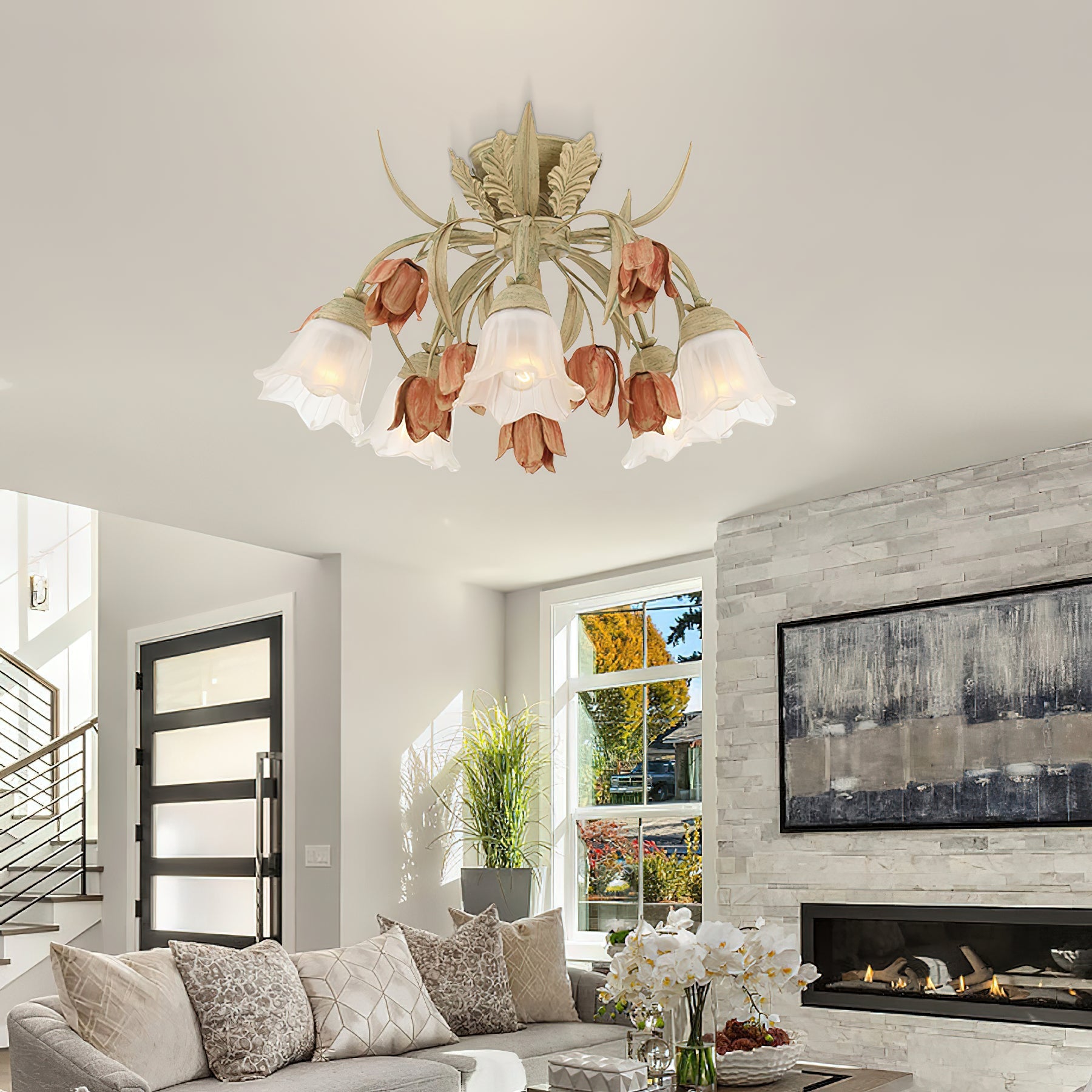 Veshael Elegance Art Sage Rose Glass Ceiling Lamp - Lamp Copper