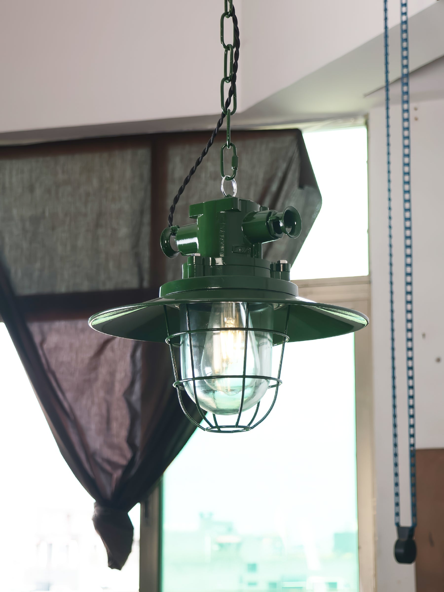 Colaeus Vintage Industrial Swag Green Glass Light - Lamp Copper