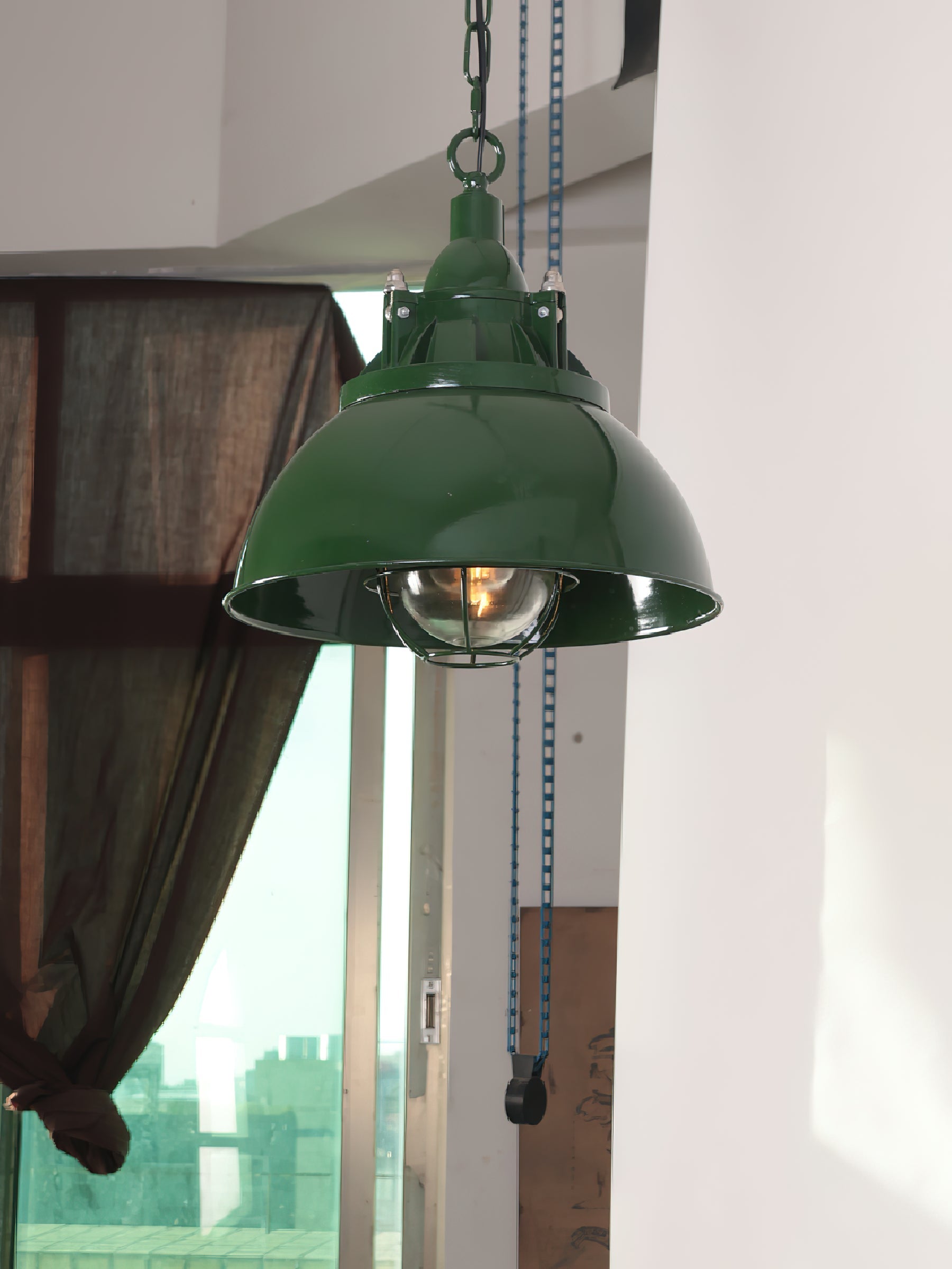 Colaeus Vintage Industrial Swag Green Glass Light - Lamp Copper