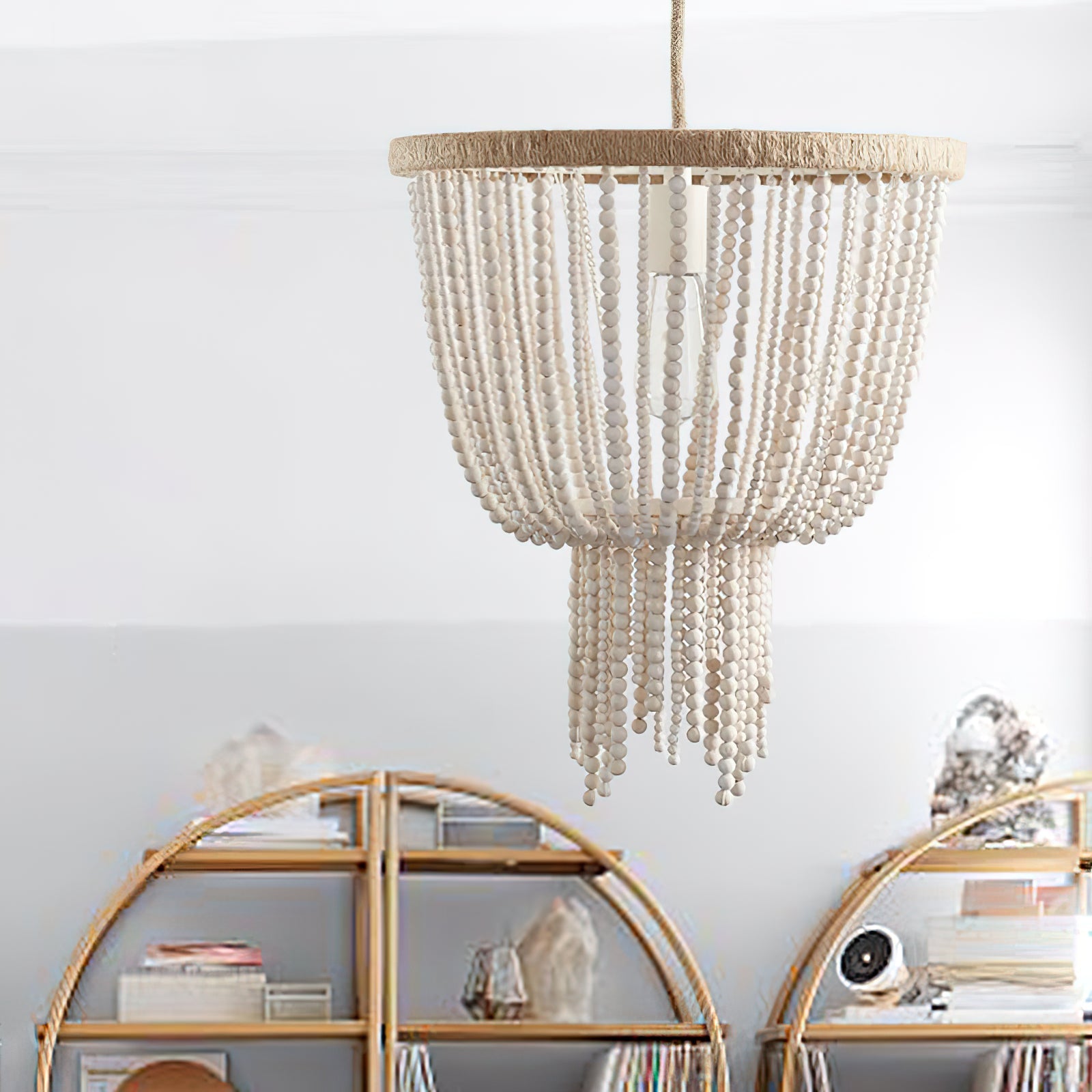 Himinuvyi Modern Beaded  Wooden Rope Metal Chandelier