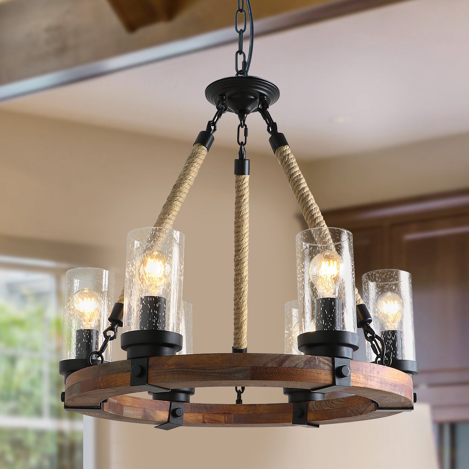 Zomiria Vintage Industrial Wagon Wheel Wooden Chandelier - Lamp Copper