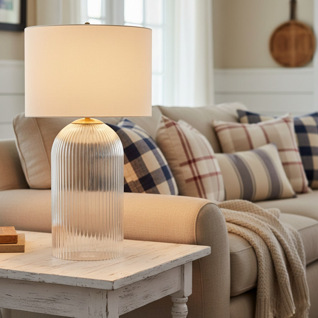 Haze  Glass Table Lamp with Linen   for  Living Rooms