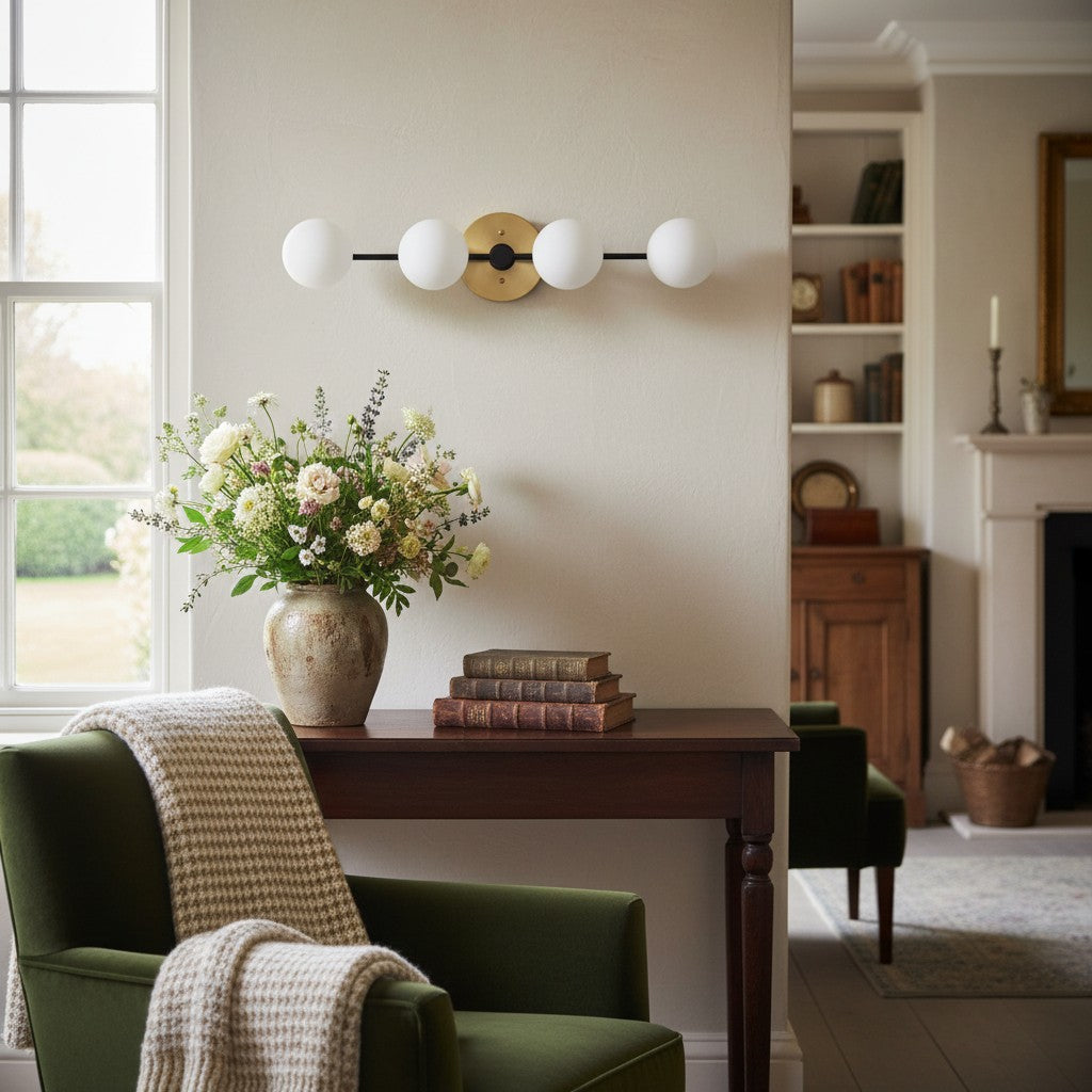 Pearl Brass Milk Glass 4-Light Wall Sconce Bathroom