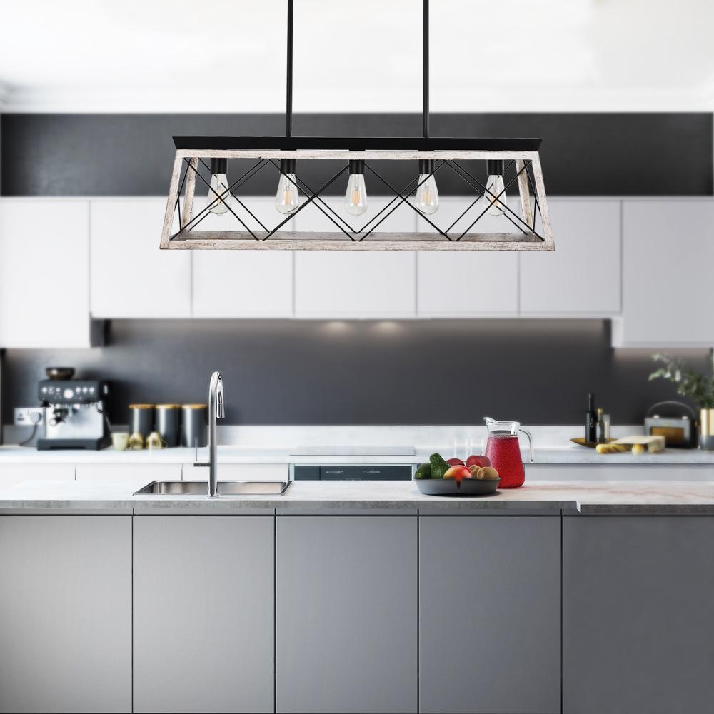 Modern Linear Faux Wood Chandelier Pendant Light - Lamp Copper