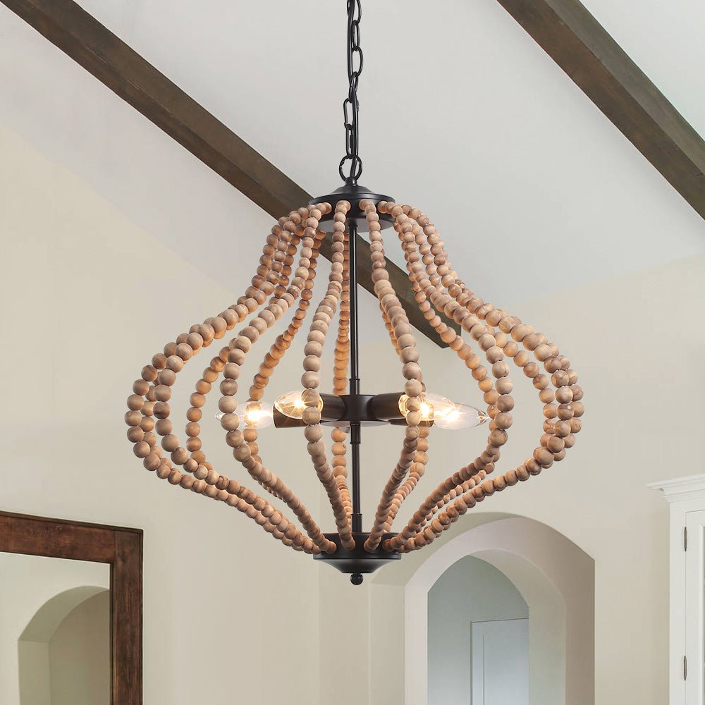 Fljotuvya Bohemian Rustic Bead Cage Wood Pendant Light 