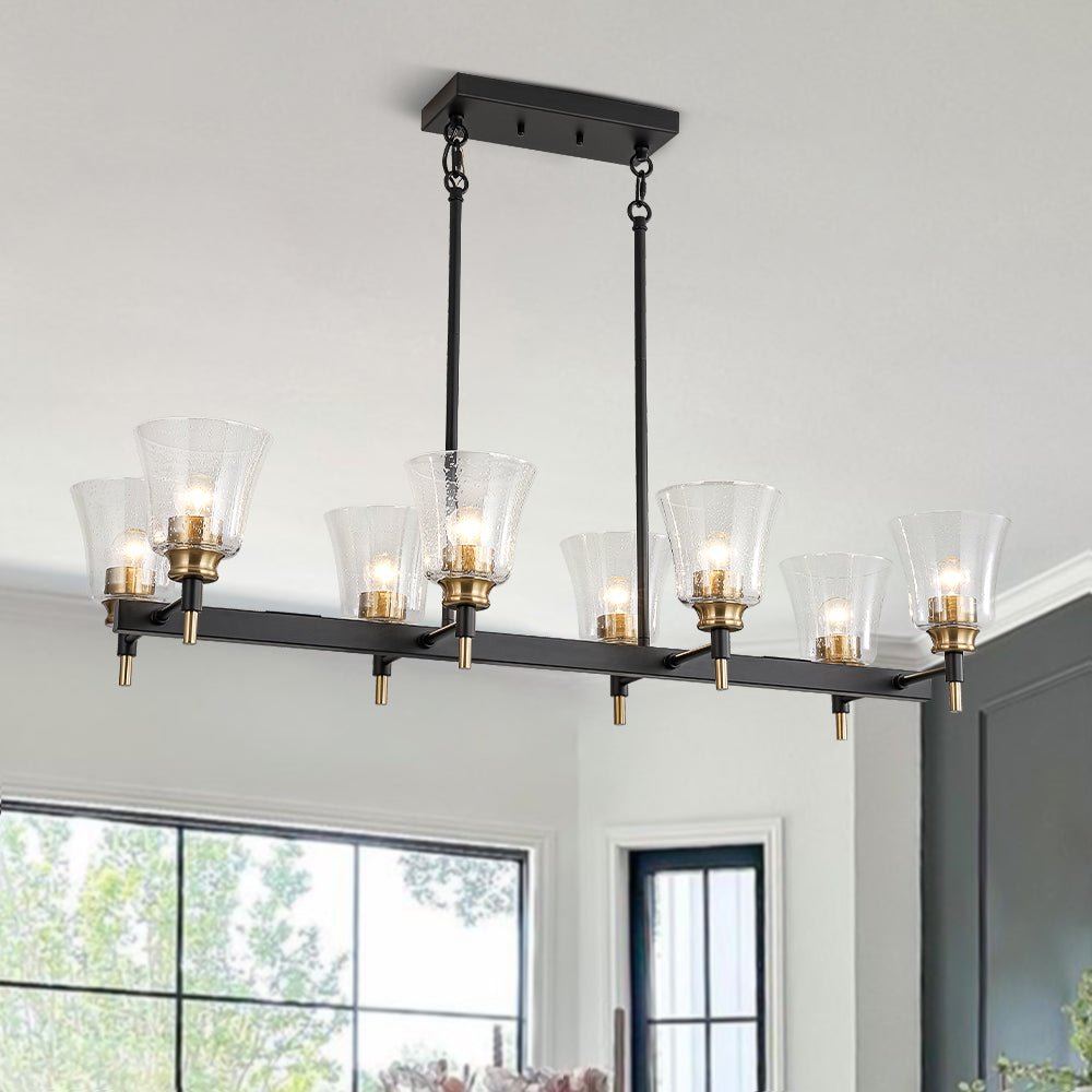 Plotuvyx Seeded Brass Linear Black Glass Chandelier