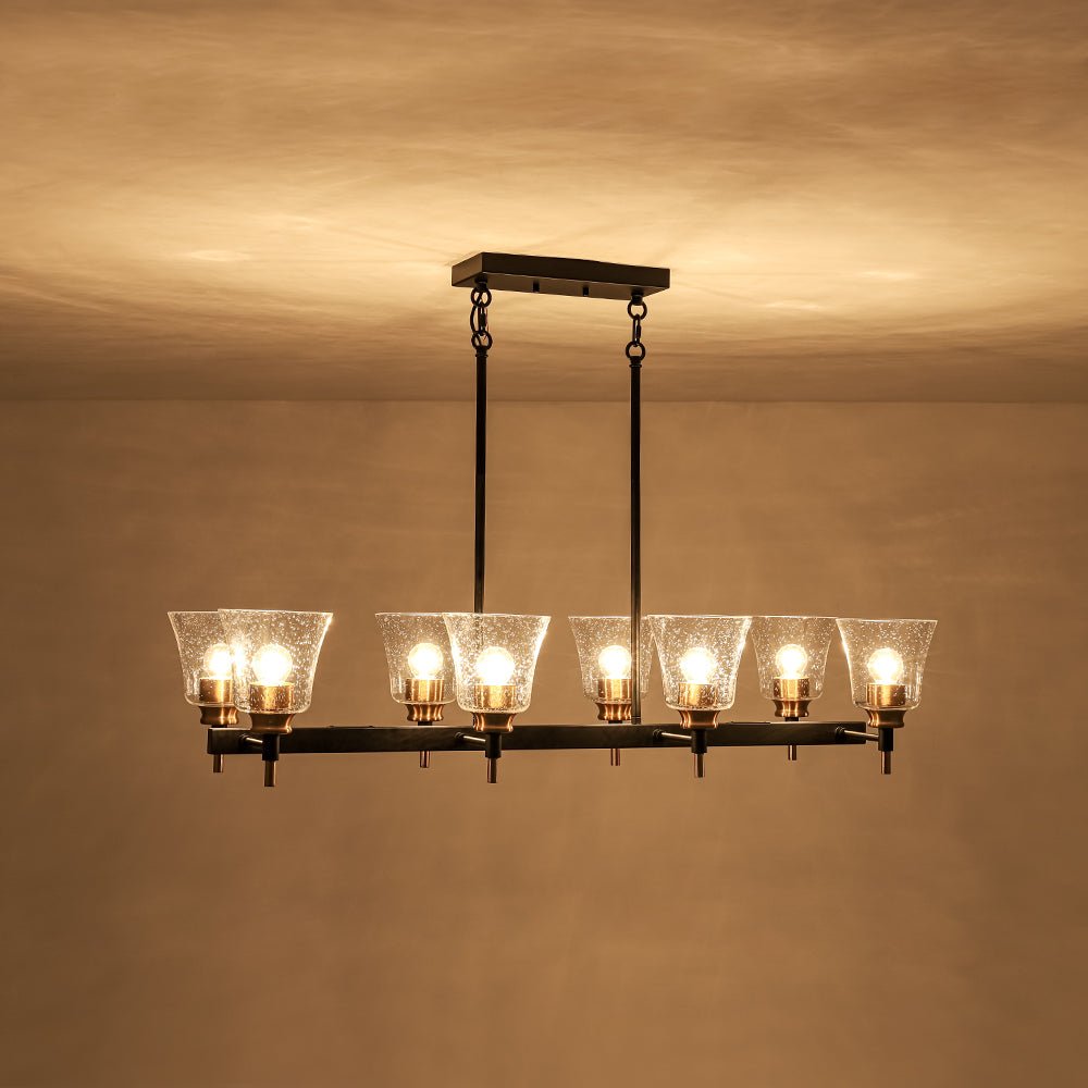Plotuvyx Seeded Brass Linear Black Glass Chandelier