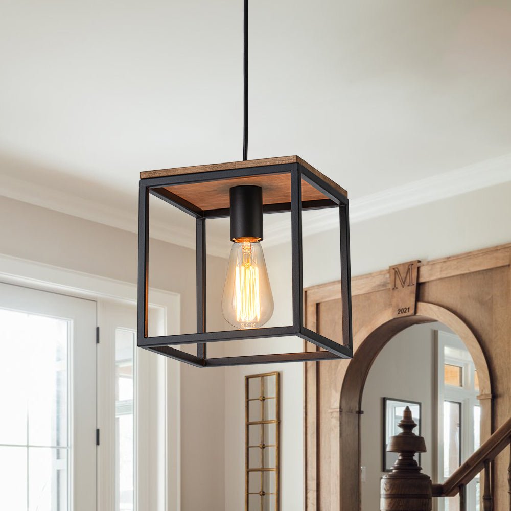 Dvalarli Aged Oak  Square Cage Single Metal Pendant Light