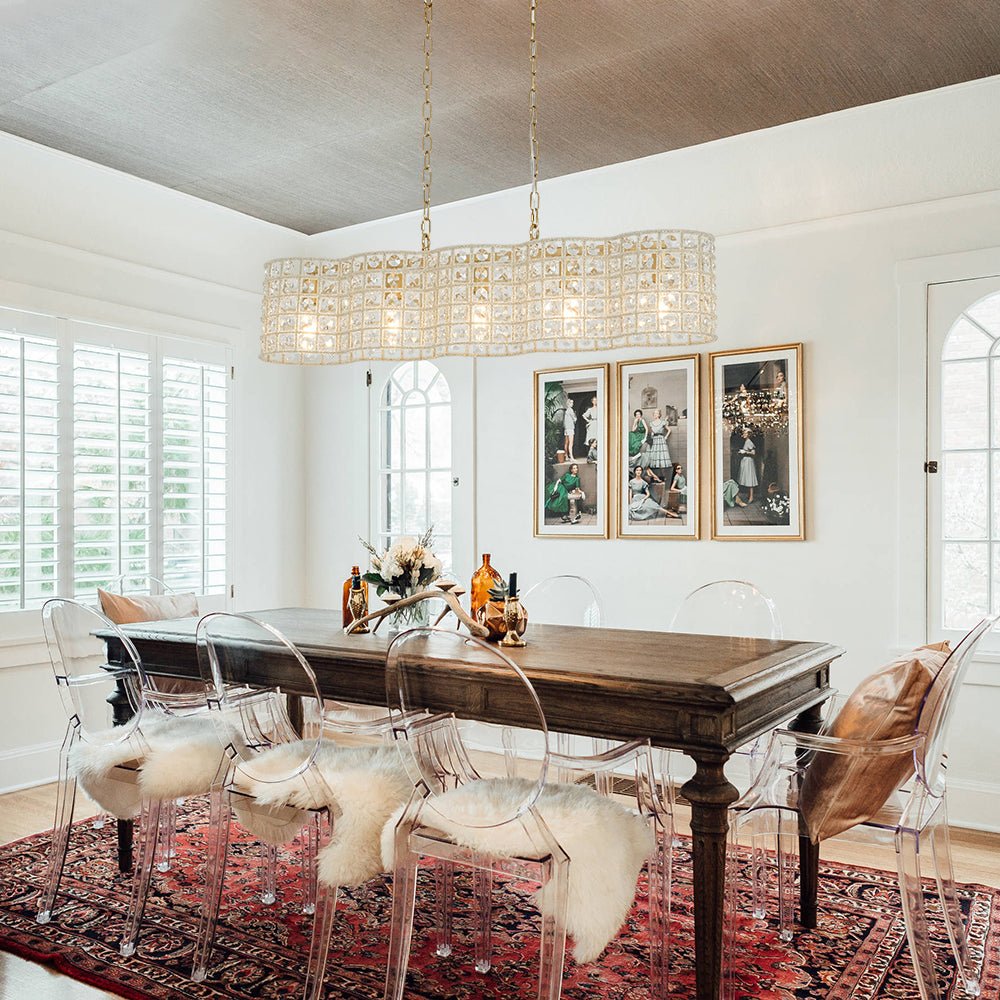 Kvennuvyt Art Deco Luxury Linear Cage Brass Crystal Chandelier