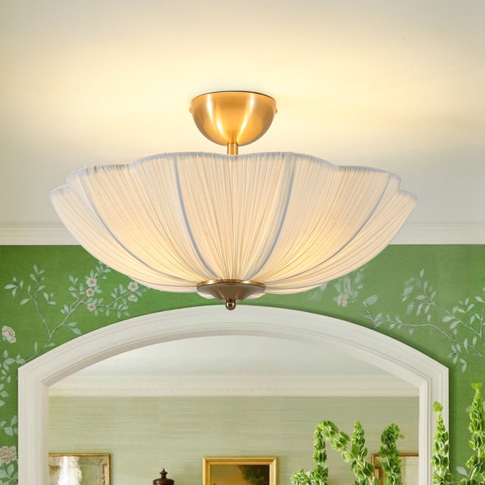 Zoruvox Boho Pleated Flower Fabric Metal Semi Flush Mount Ceiling Light