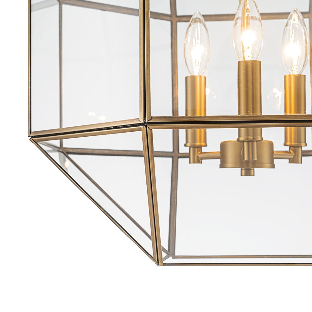Zoruvio Geometric Cube Lantern Brass Clear Glass Pendant Light
