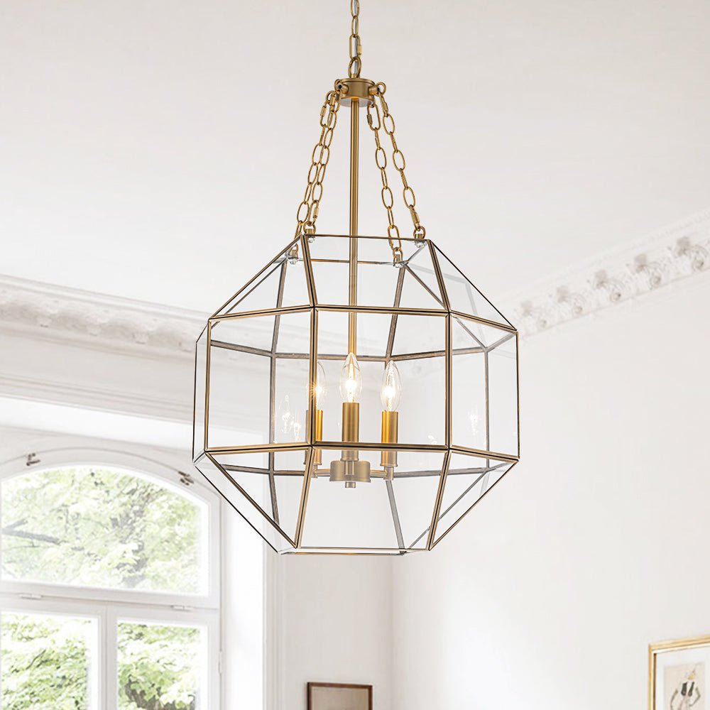 Zoruvio Geometric Cube Lantern Brass Clear Glass Pendant Light