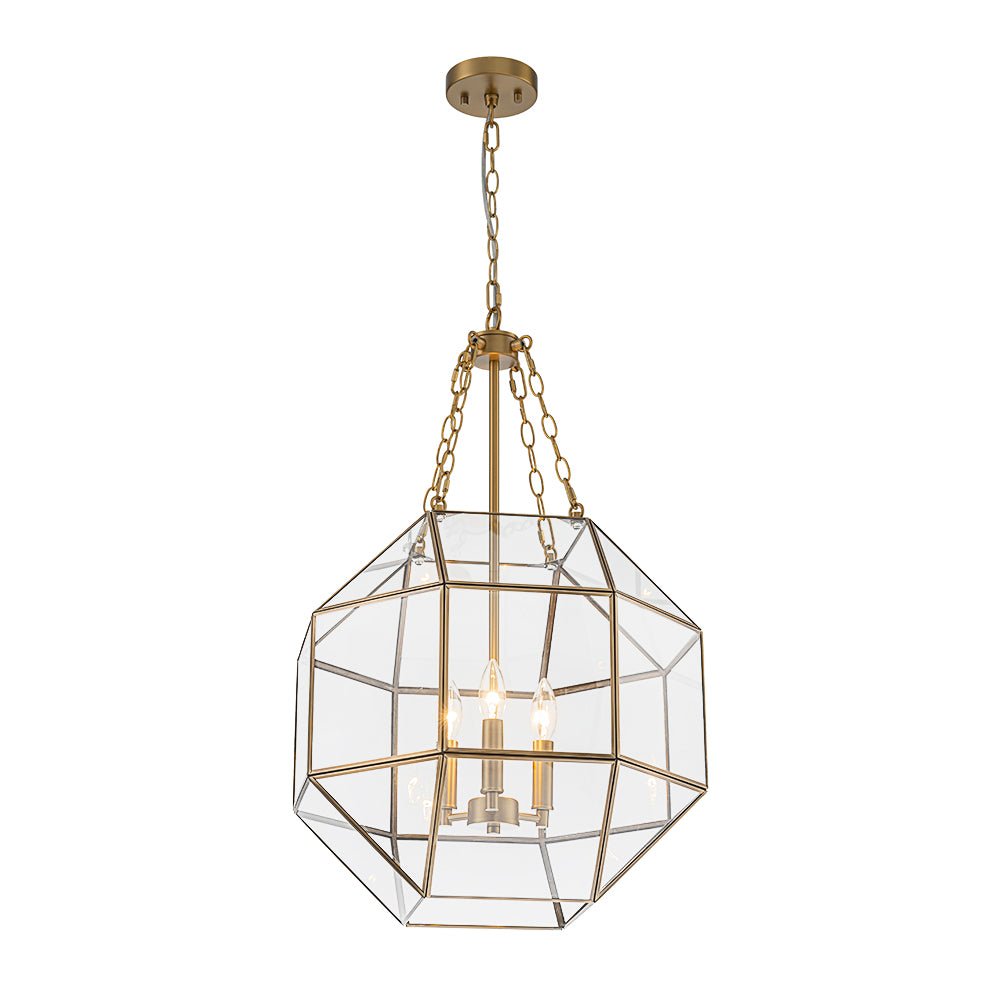 Zoruvio Geometric Cube Lantern Brass Clear Glass Pendant Light