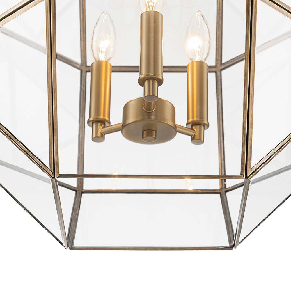 Zoruvio Geometric Cube Lantern Brass Clear Glass Pendant Light