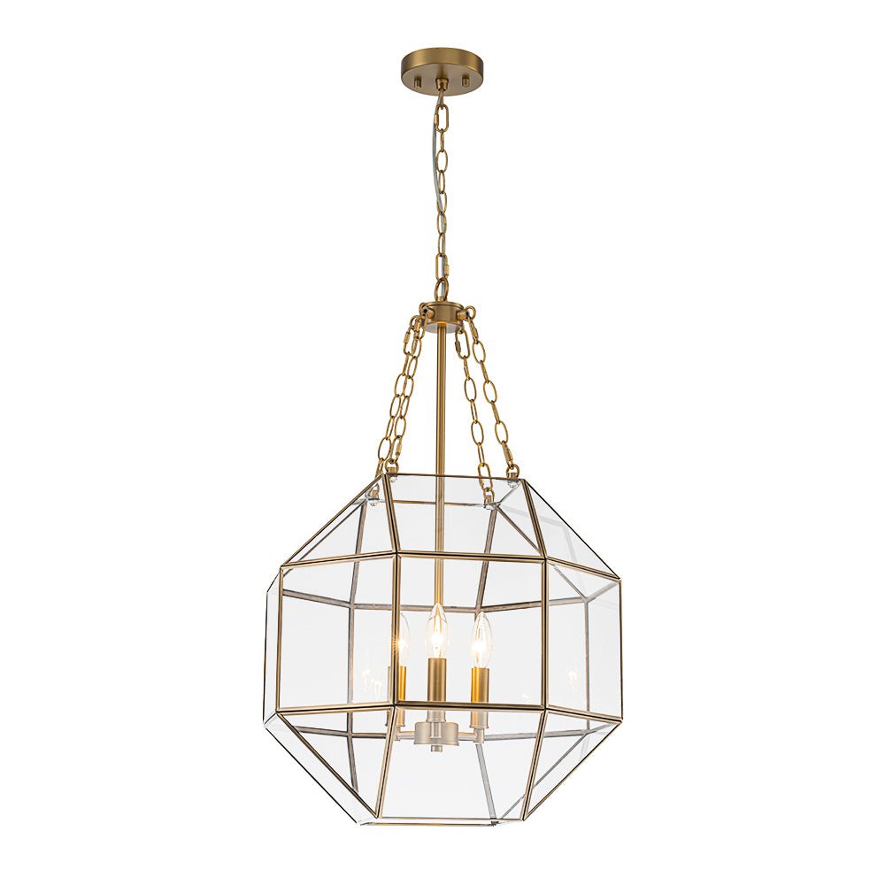 Zoruvio Geometric Cube Lantern Brass Clear Glass Pendant Light