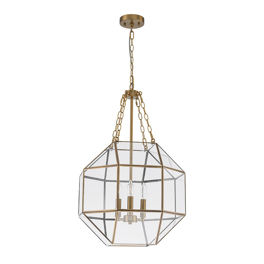 Zoruvio Geometric Cube Lantern Brass Clear Glass Pendant Light