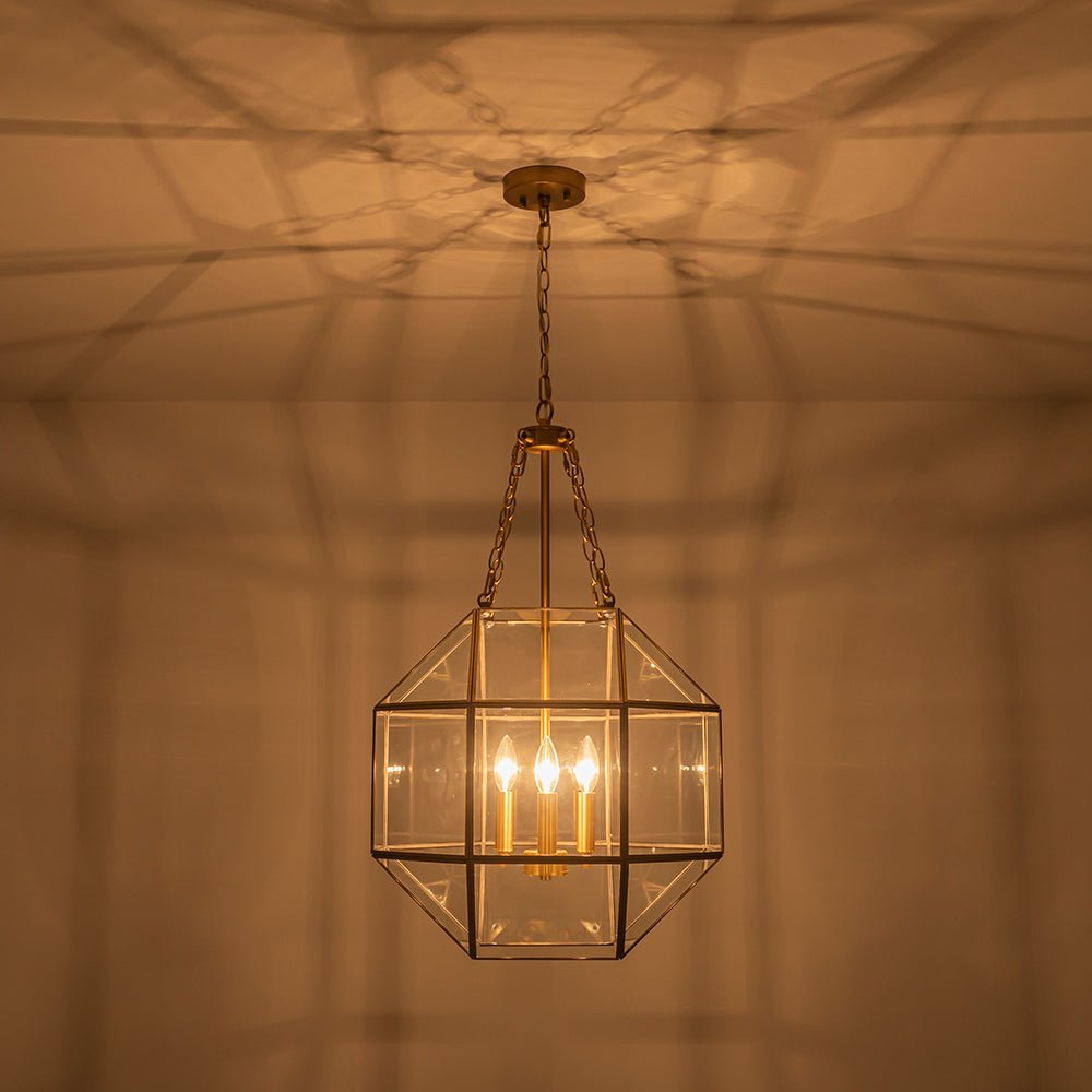 Zoruvio Geometric Cube Lantern Brass Clear Glass Pendant Light