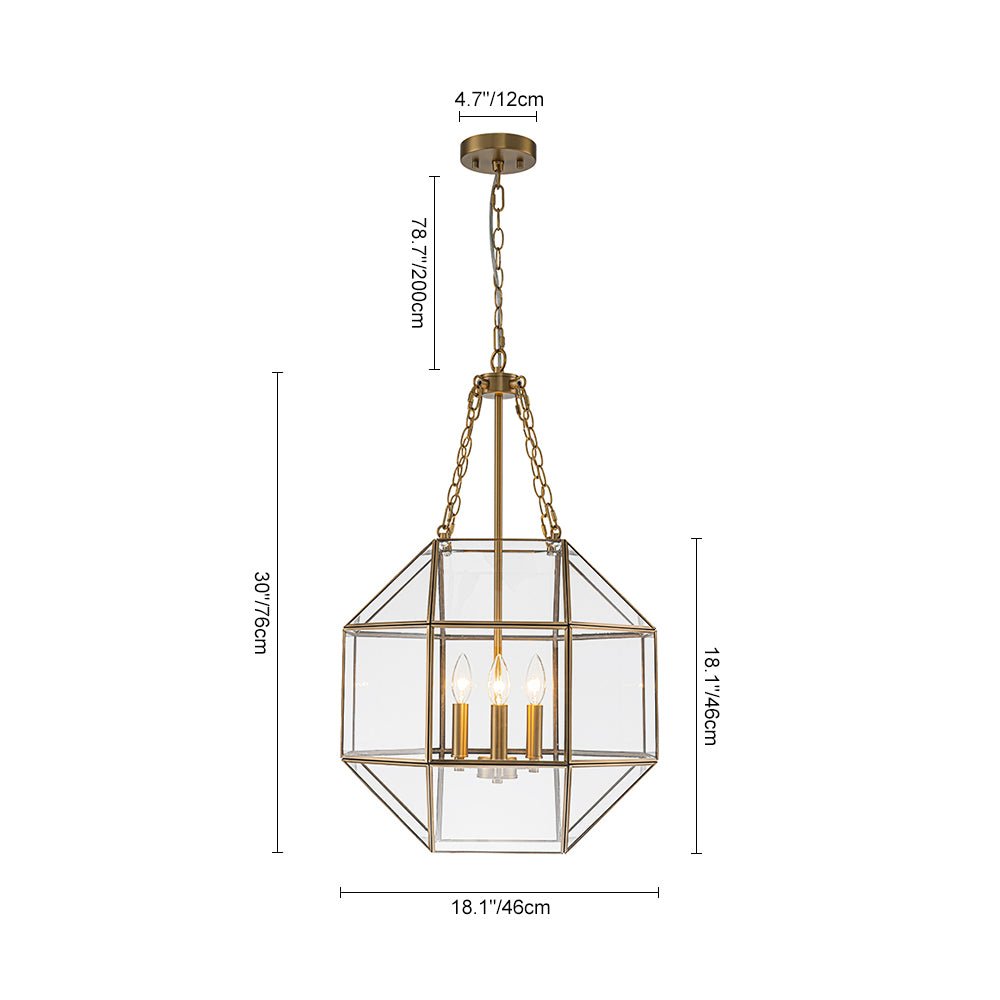 Zoruvio Geometric Cube Lantern Brass Clear Glass Pendant Light