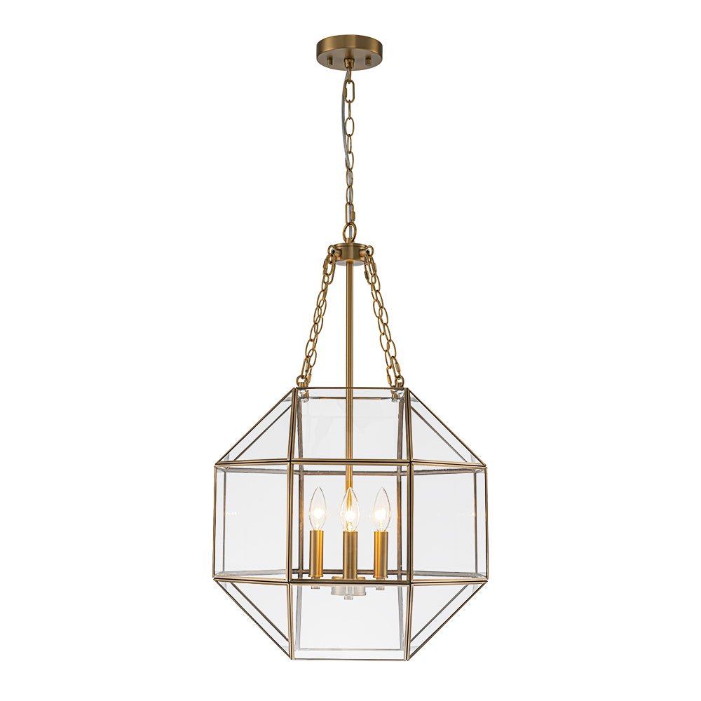 Zoruvio Geometric Cube Lantern Brass Clear Glass Pendant Light